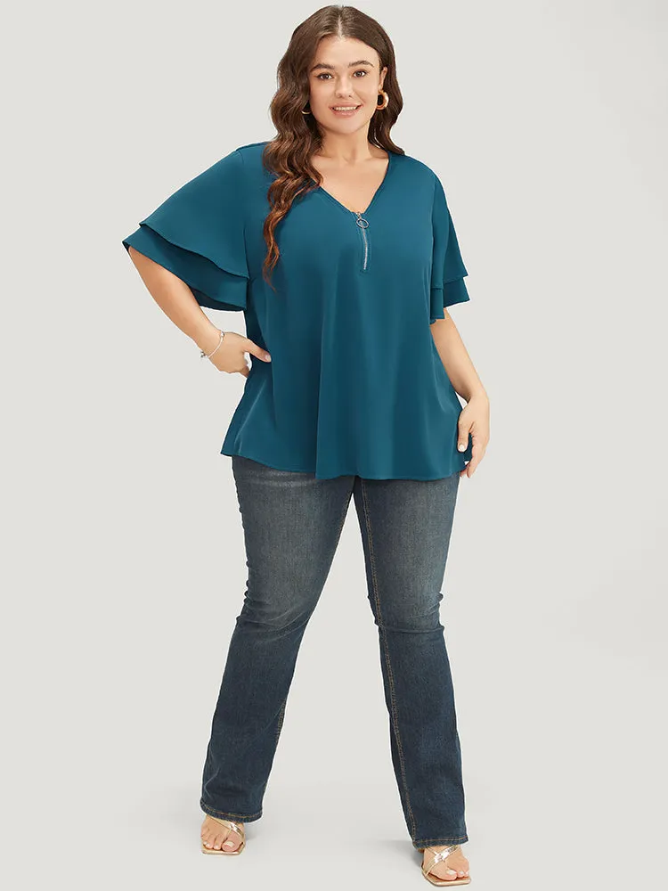 Solid Tiered Sleeve Half Zipper Blouse sold by Bloomchic product image thumbnail 4