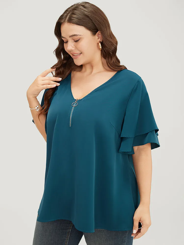 Solid Tiered Sleeve Half Zipper Blouse sold by Bloomchic product image thumbnail 3