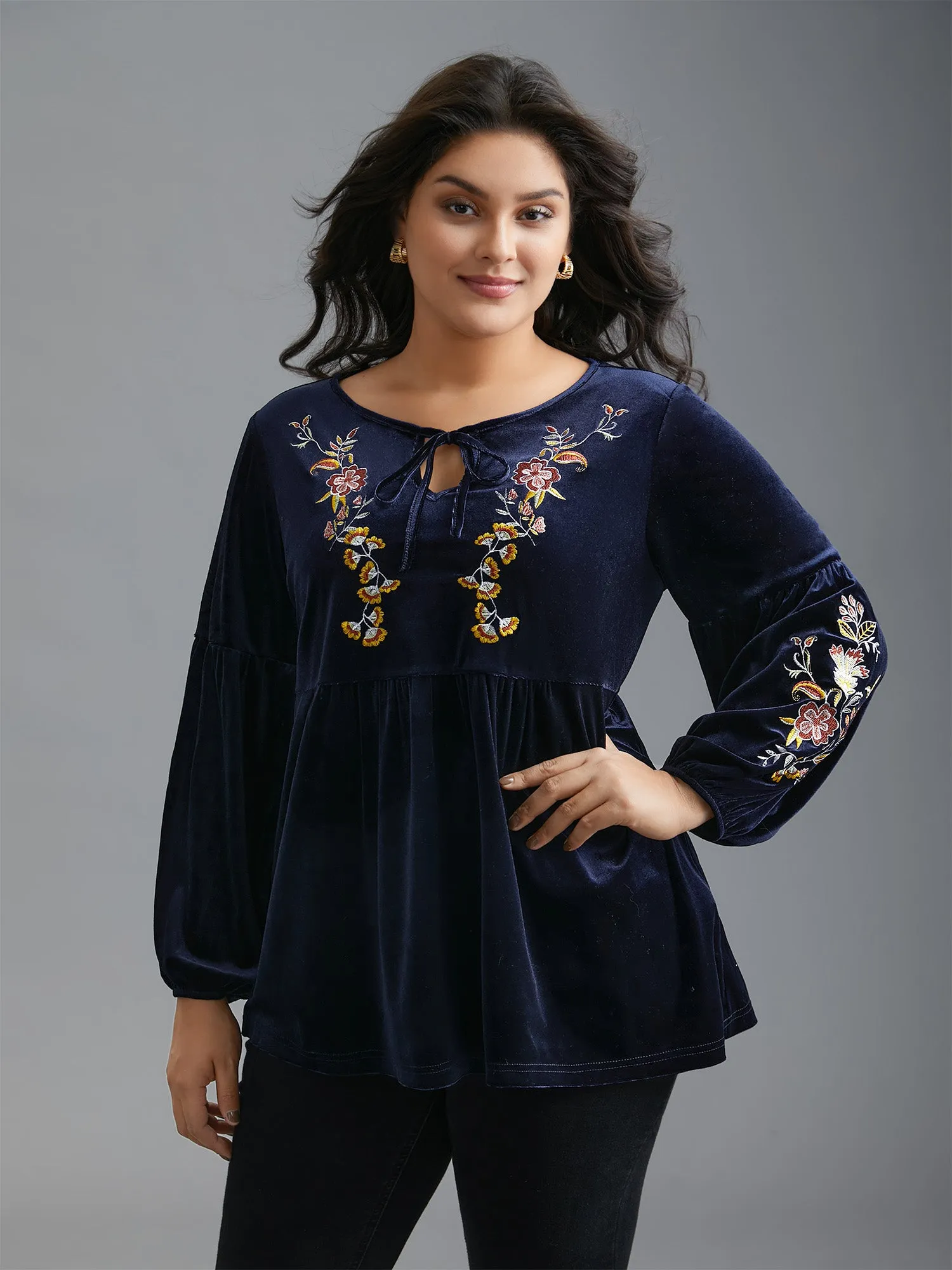 Floral Embroidered Velvet Tie Knot Blouse sold by Bloomchic