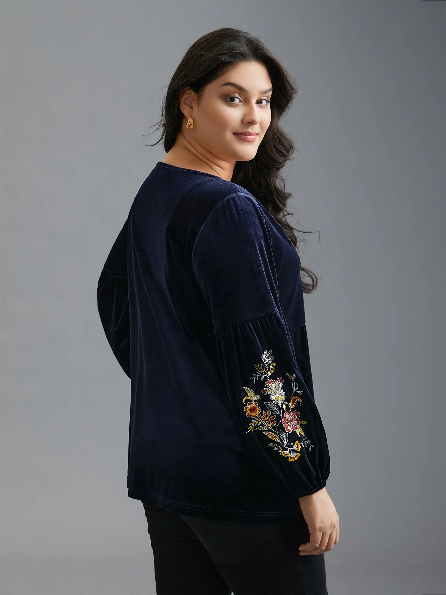 Floral Embroidered Velvet Tie Knot Blouse sold by Bloomchic product image thumbnail 4