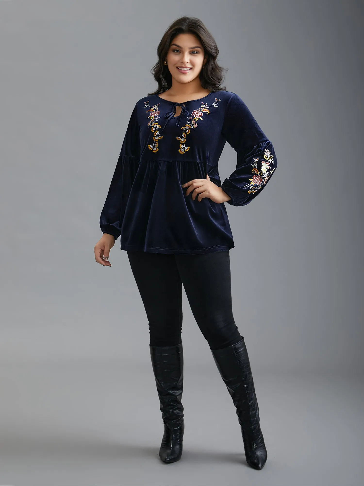 Floral Embroidered Velvet Tie Knot Blouse sold by Bloomchic product image thumbnail 2
