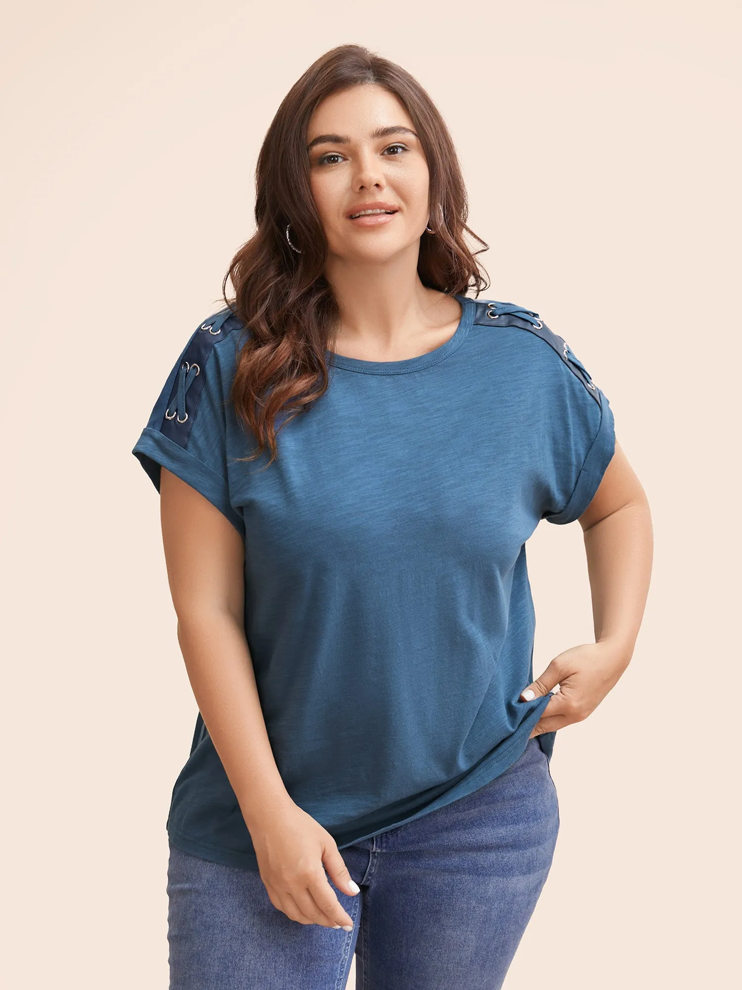 Crew Neck Patchwork Eyelet Tie Knot T-shirt sold by Bloomchic
