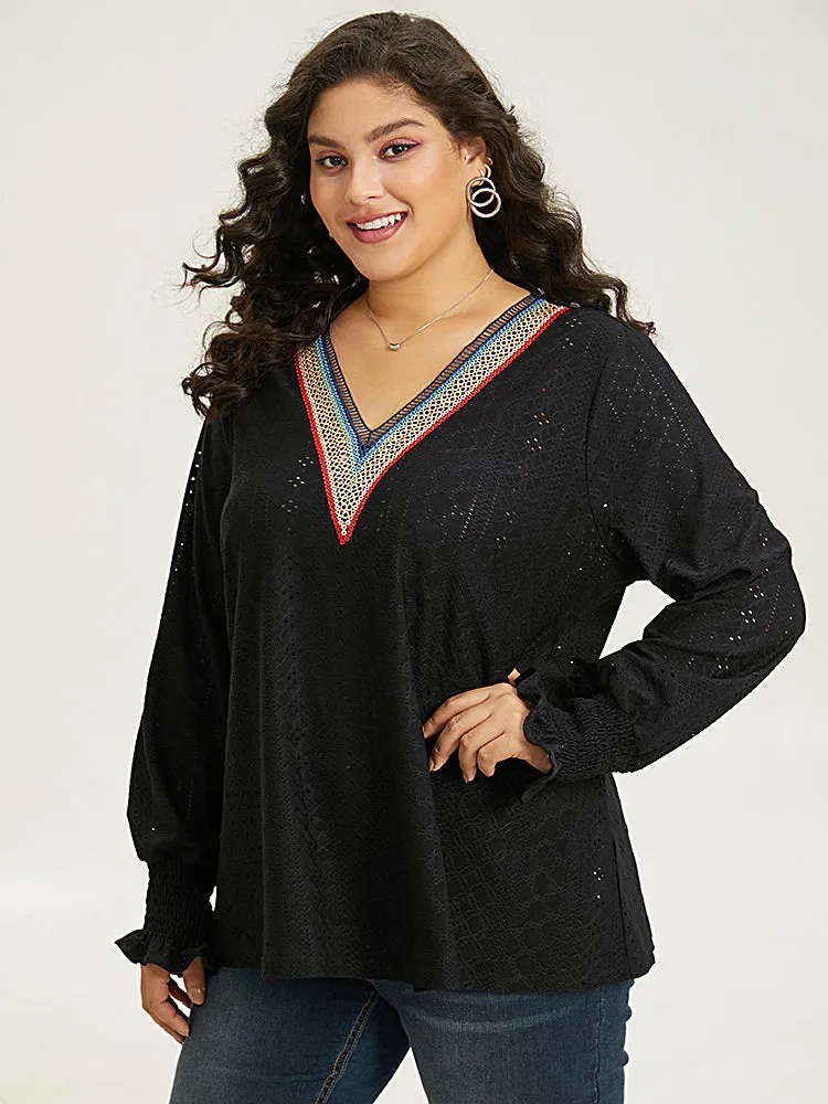 Contrast Webbing Hollow Out V Neck Shirred T-shirt sold by Bloomchic product image thumbnail 3