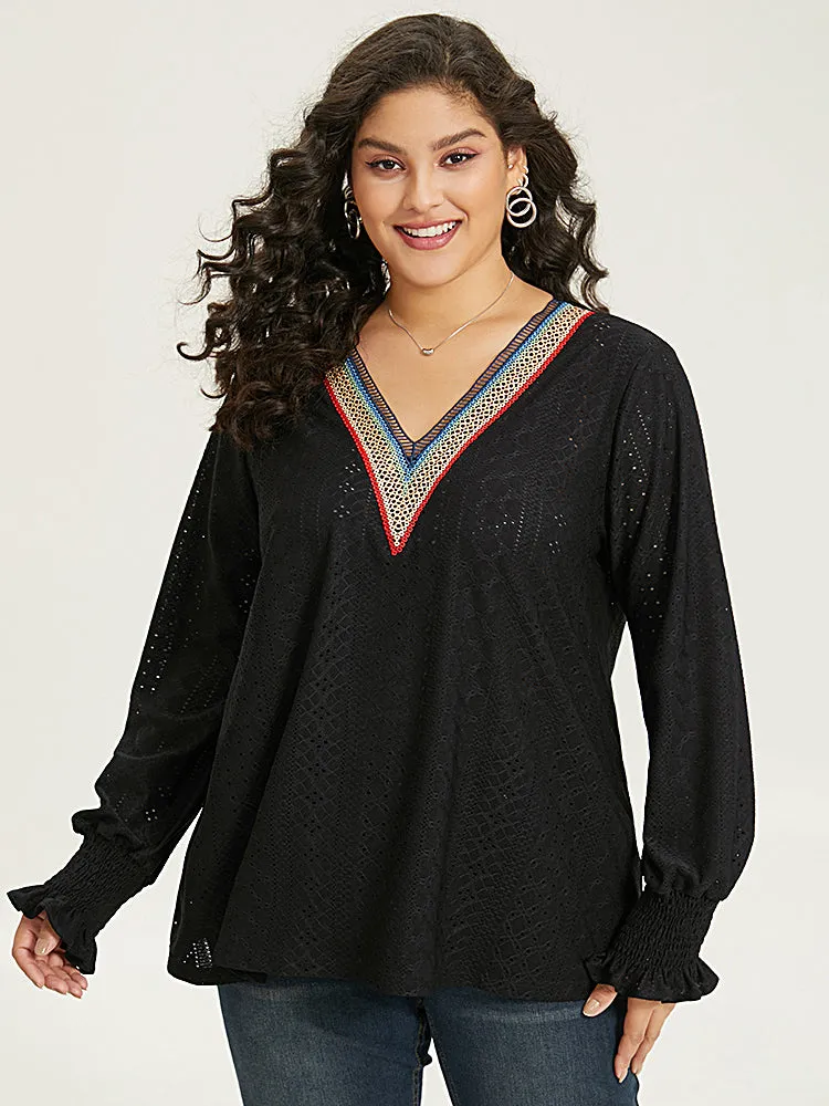 Contrast Webbing Hollow Out V Neck Shirred T-shirt sold by Bloomchic product image thumbnail 5