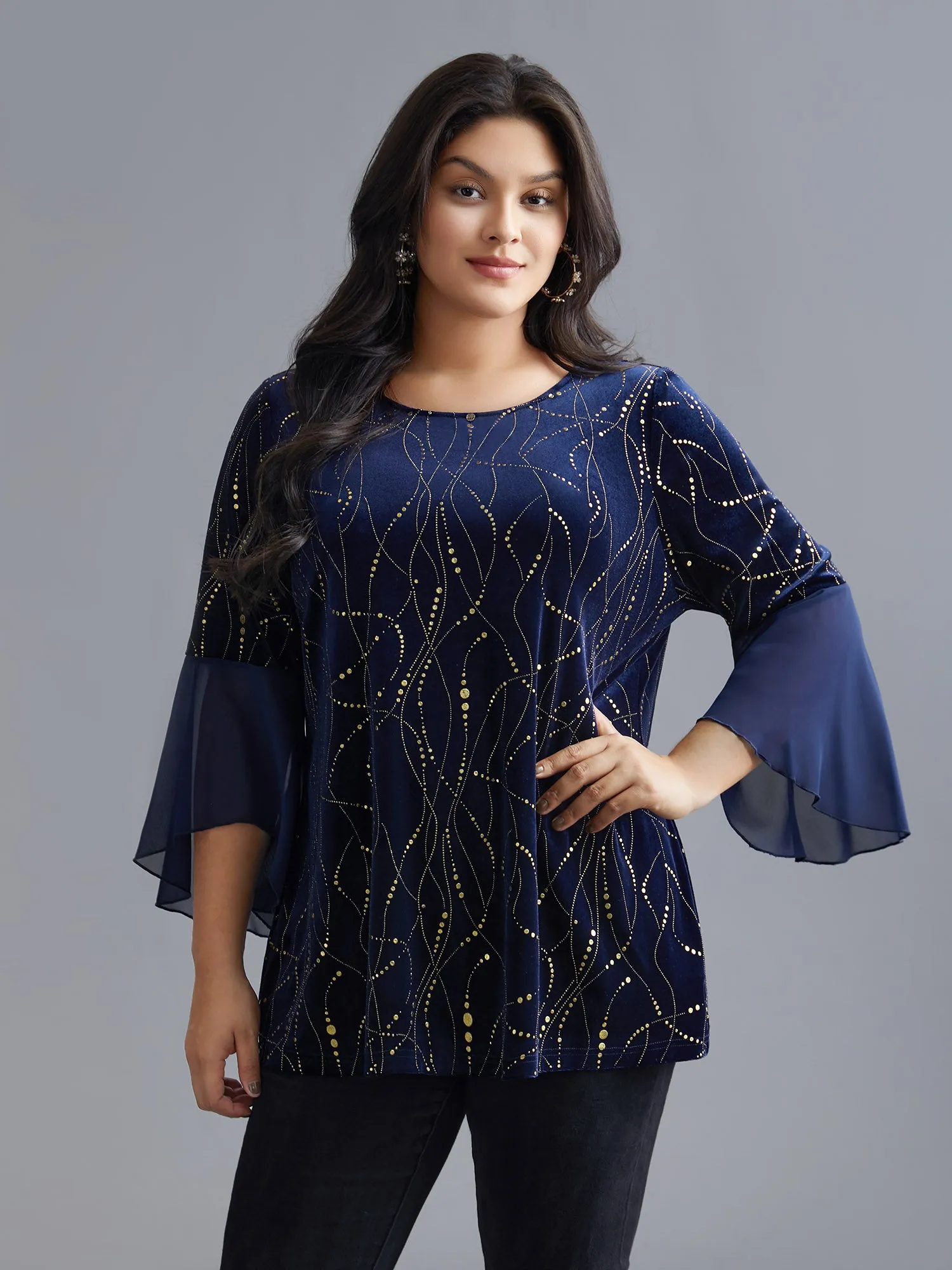 Velvet Glitter Mesh Bell Sleeve Patchwork Blouse sold by Bloomchic product image thumbnail 3