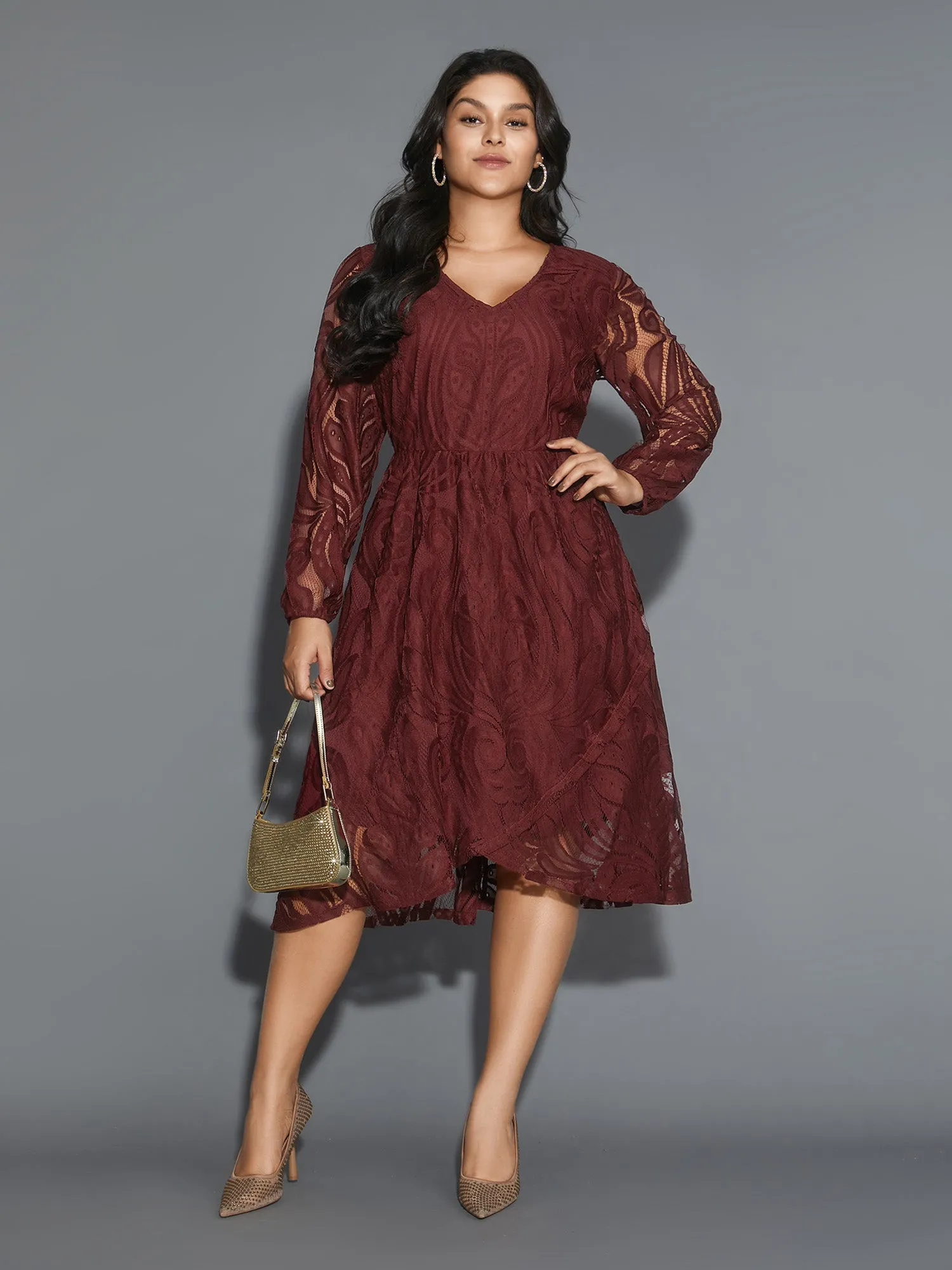 Crochet Lace Mesh Lantern Sleeve Dress sold by Bloomchic product image thumbnail 3