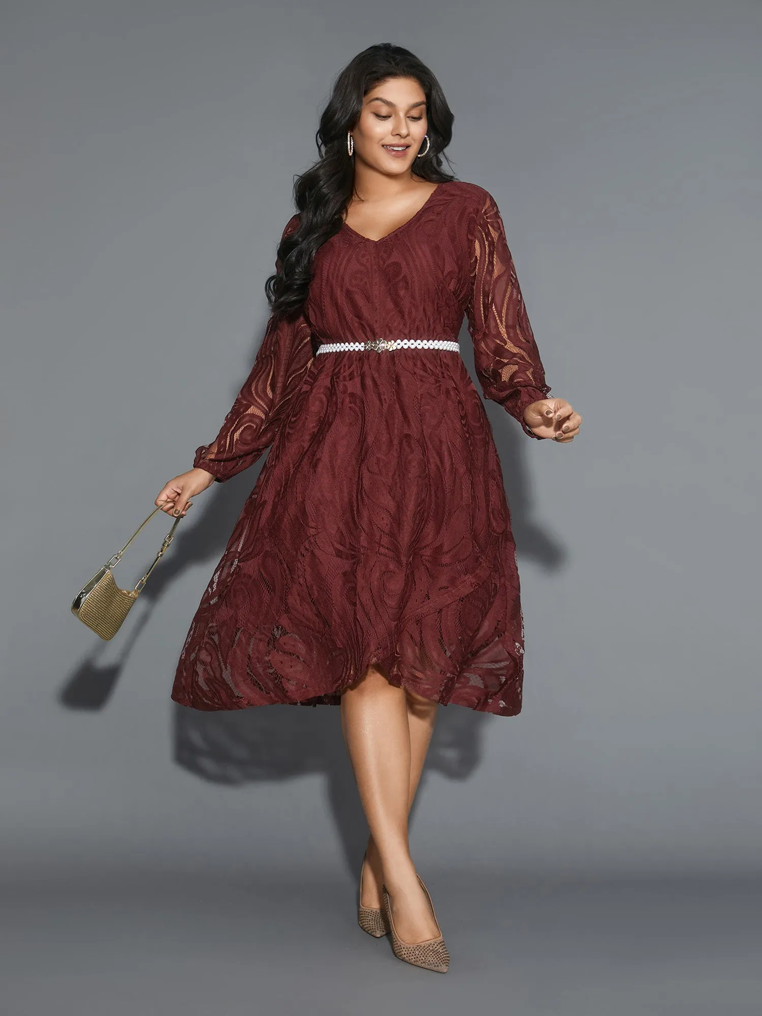 Crochet Lace Mesh Lantern Sleeve Dress sold by Bloomchic product image thumbnail 4