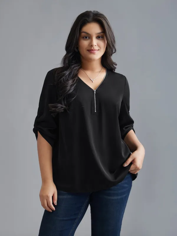 Plain V Neck Half Zip Tab Sleeve Blouse sold by Bloomchic
