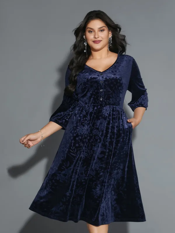 Velvet Button Detail V-Shaped Neck Dress sold by Bloomchic
