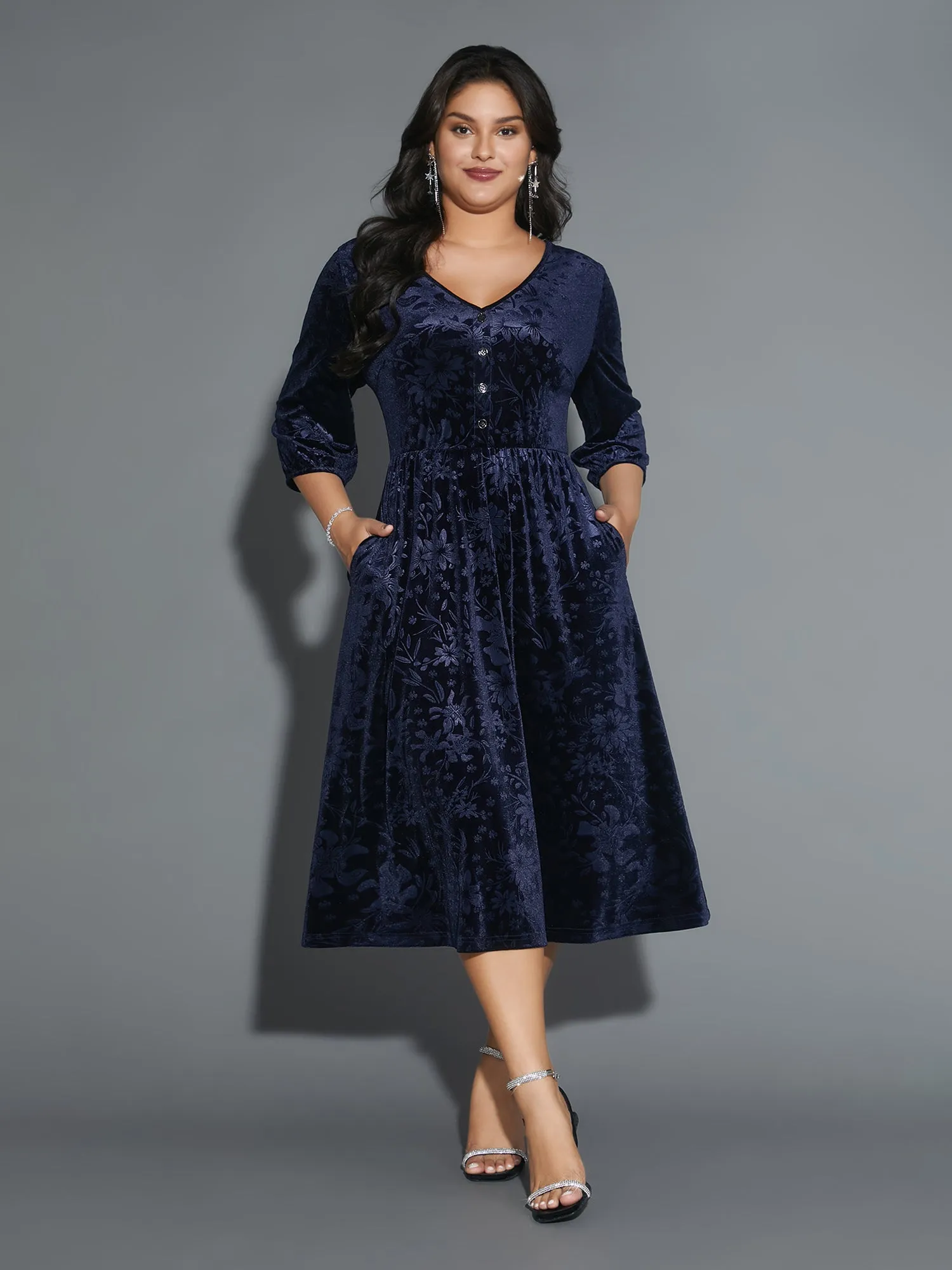 Velvet Button Detail V-Shaped Neck Dress sold by Bloomchic product image thumbnail 4