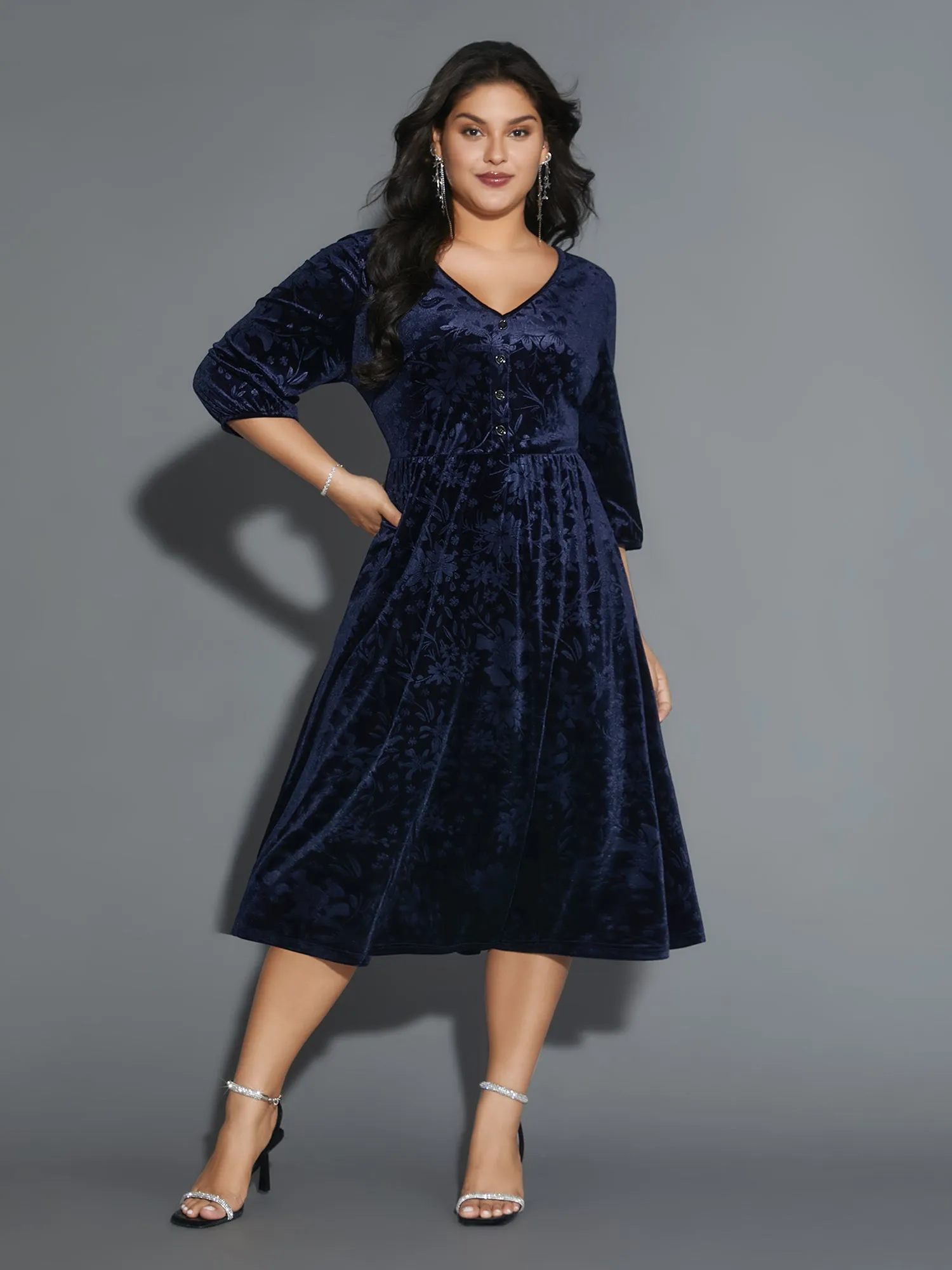 Velvet Button Detail V-Shaped Neck Dress sold by Bloomchic product image thumbnail 3