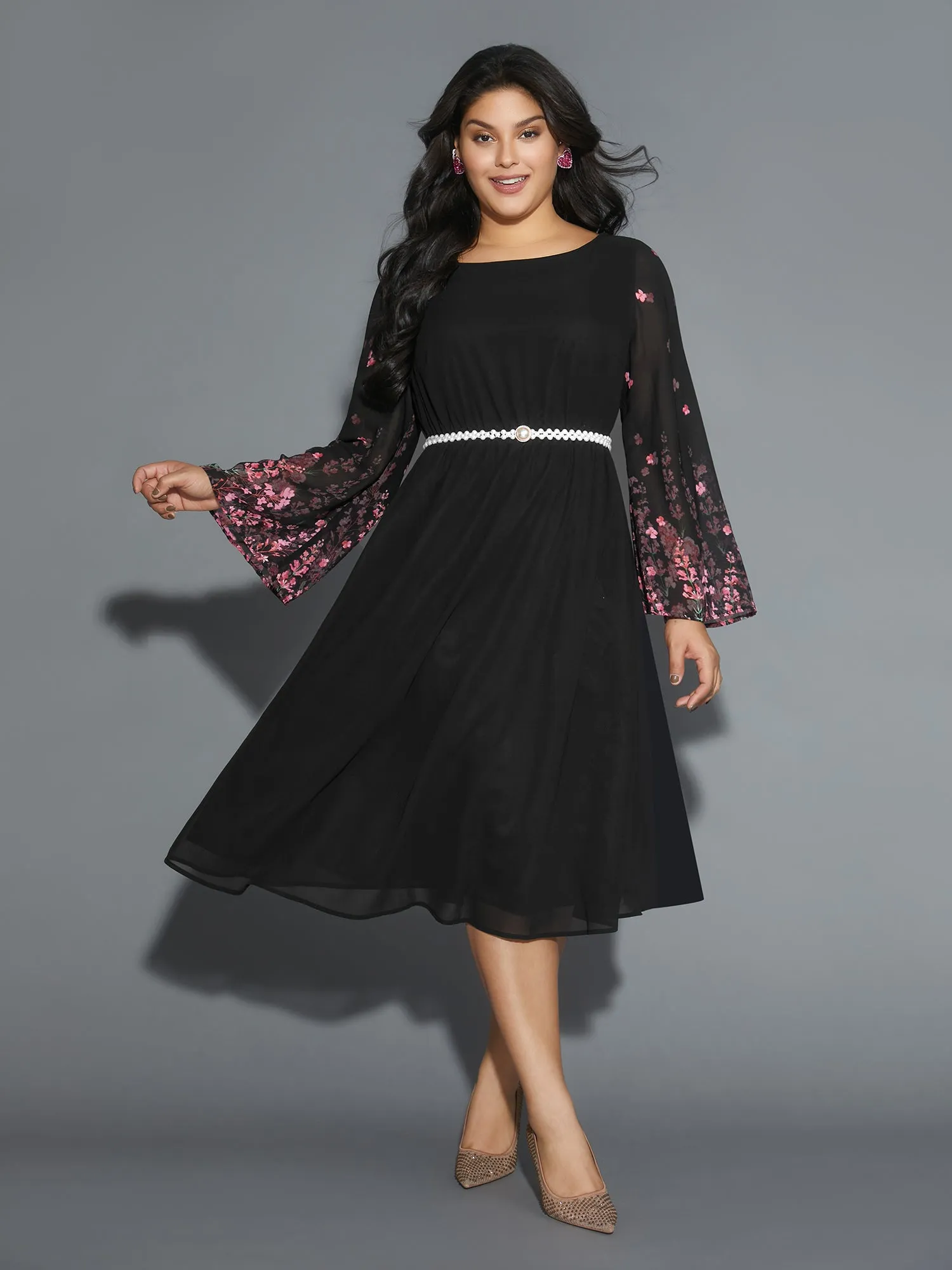 Floral Mesh Bell Sleeve Boat Neck Dress sold by Bloomchic product image thumbnail 2