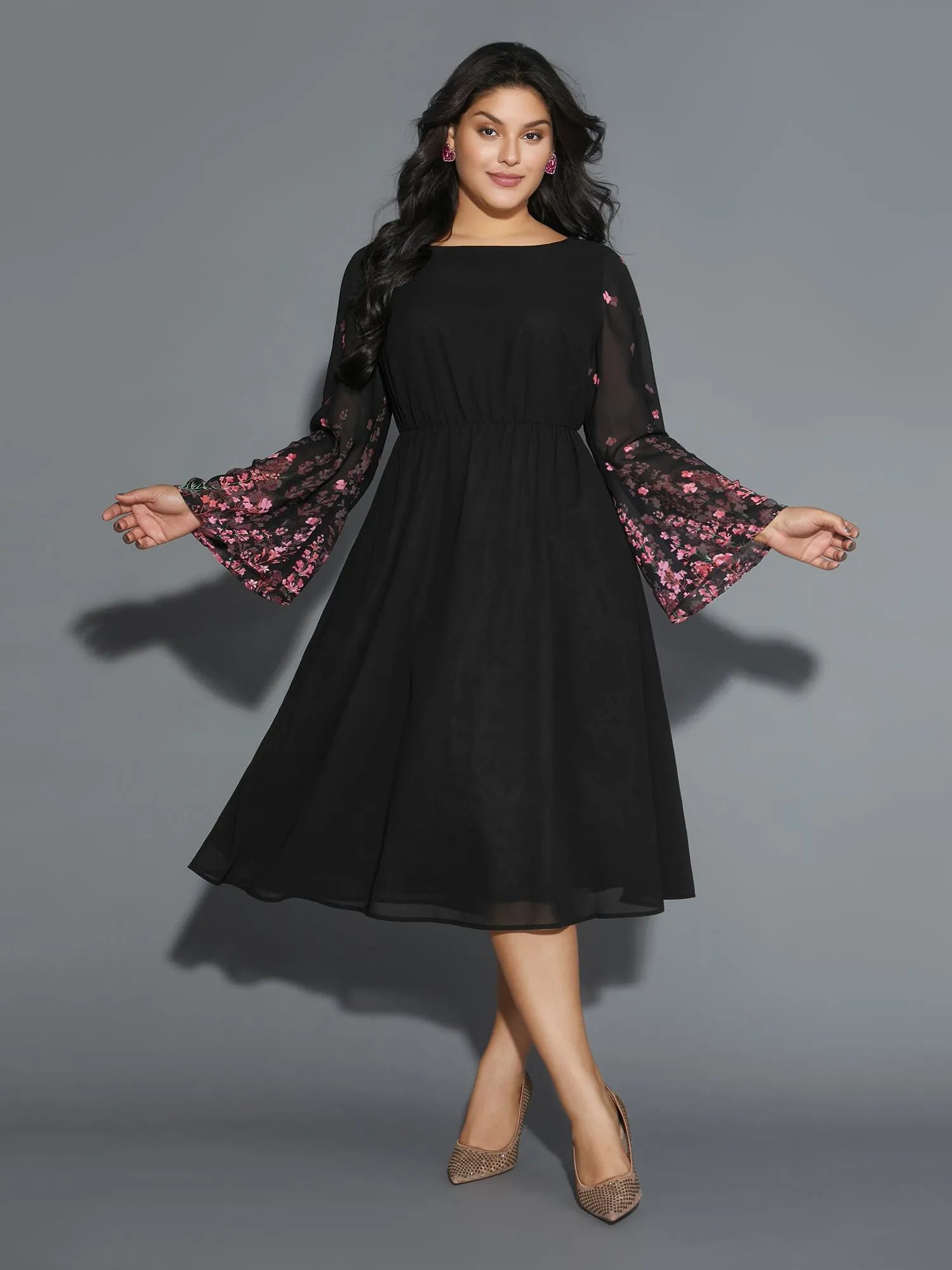 Floral Mesh Bell Sleeve Boat Neck Dress sold by Bloomchic