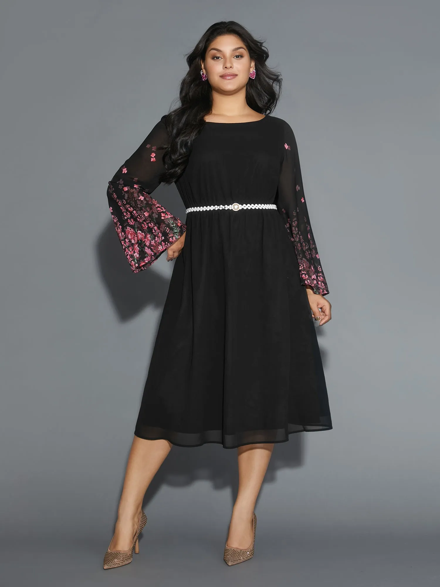 Floral Mesh Bell Sleeve Boat Neck Dress sold by Bloomchic product image thumbnail 3