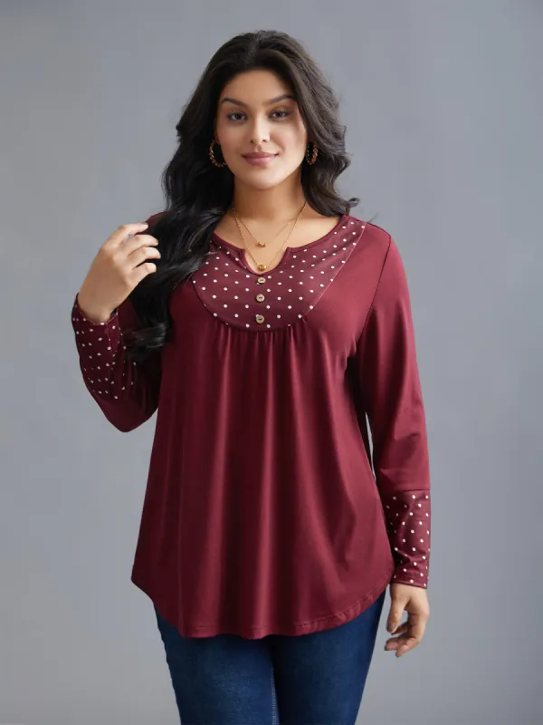 Notched Button Detail Polka Dot Patchwork T-shirt sold by Bloomchic
