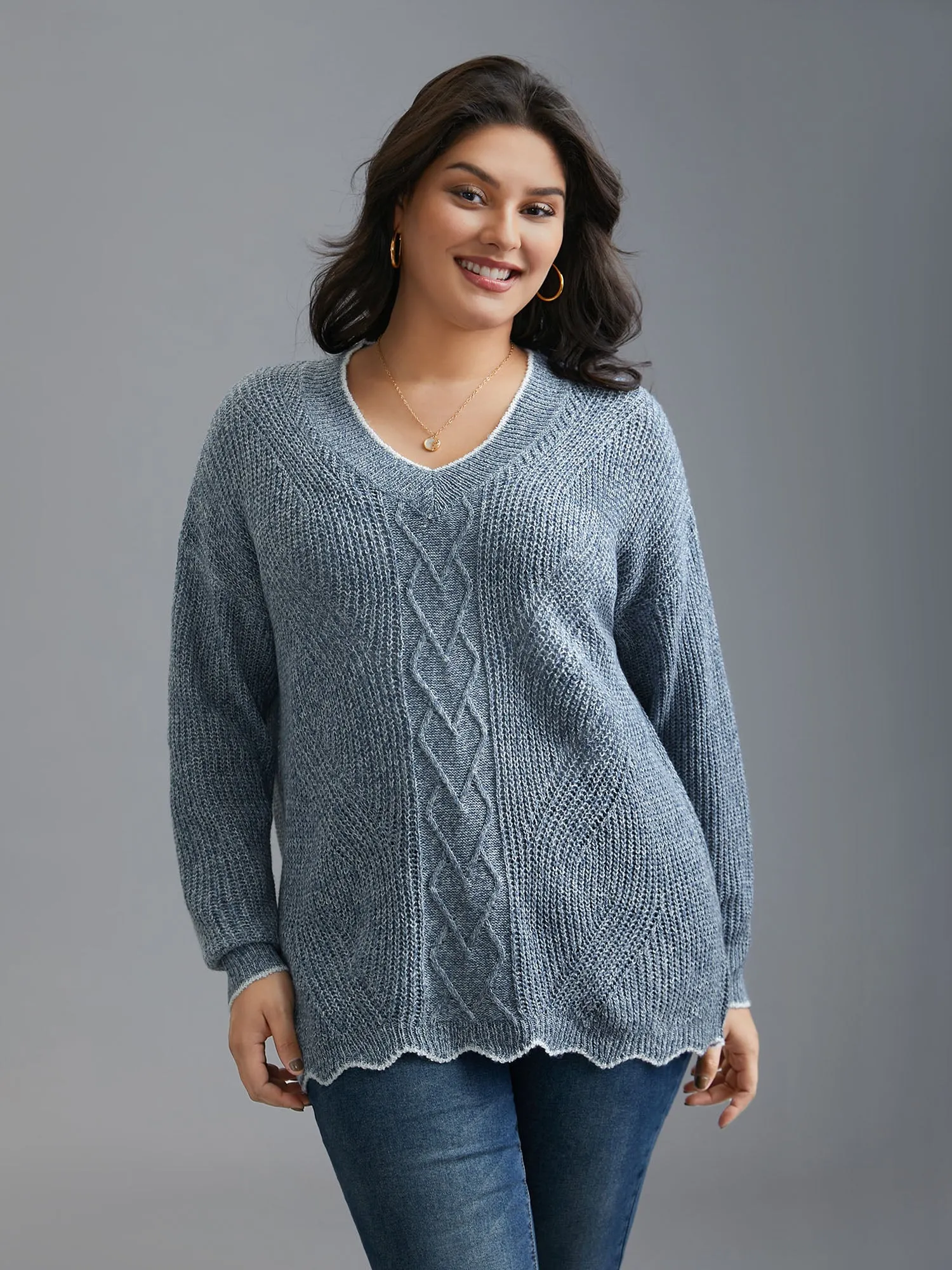 Plain Textured Contrast Trim Cable Knit Pullover sold by Bloomchic product image thumbnail 4