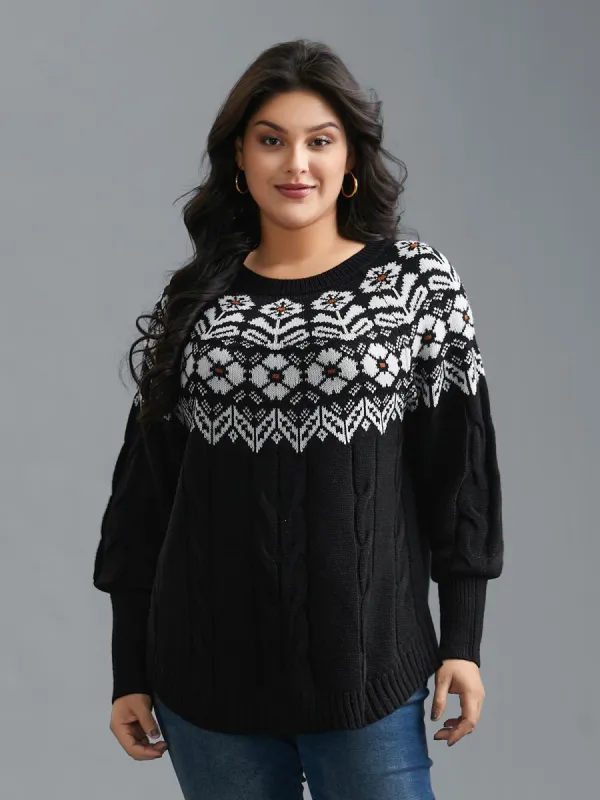 Floral Cable Knit Curved Hem Pullover sold by Bloomchic