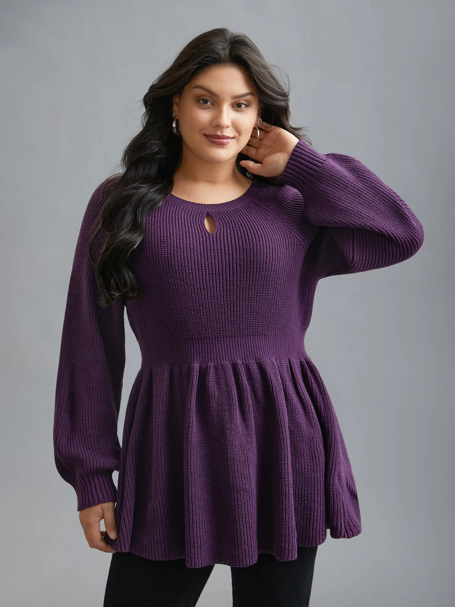 Plain Textured Keyhole Raglan Sleeve Pullover sold by Bloomchic