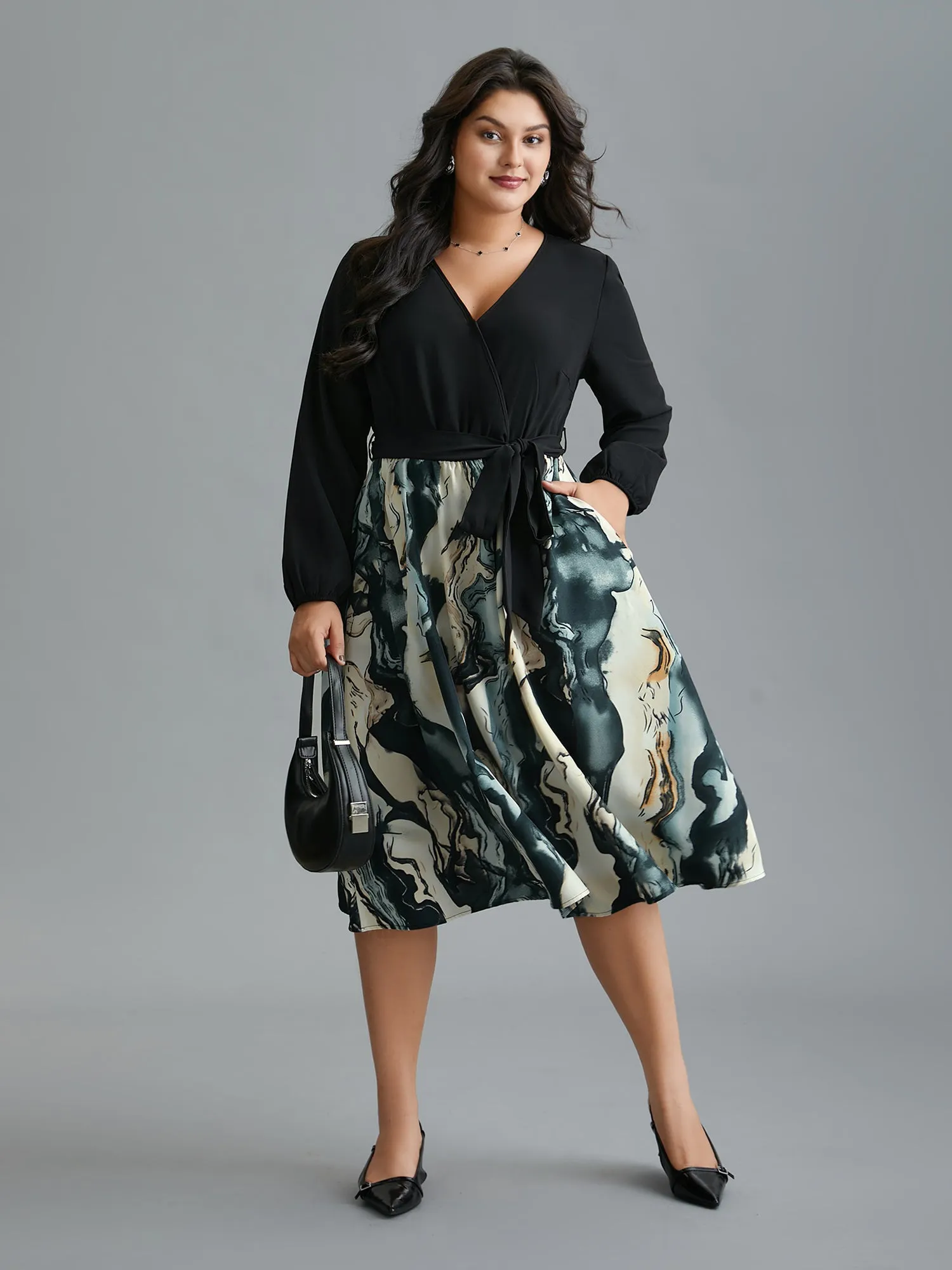 Surplice Neck Marble Print Belted Dress sold by Bloomchic product image thumbnail 3