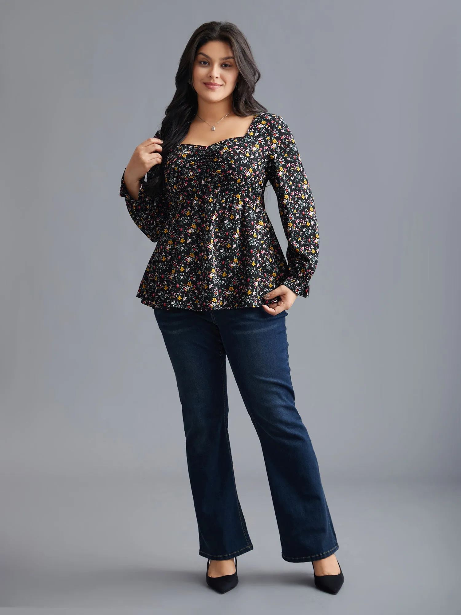 Ditsy Floral Heart Neckline Gathered Blouse sold by Bloomchic product image thumbnail 2