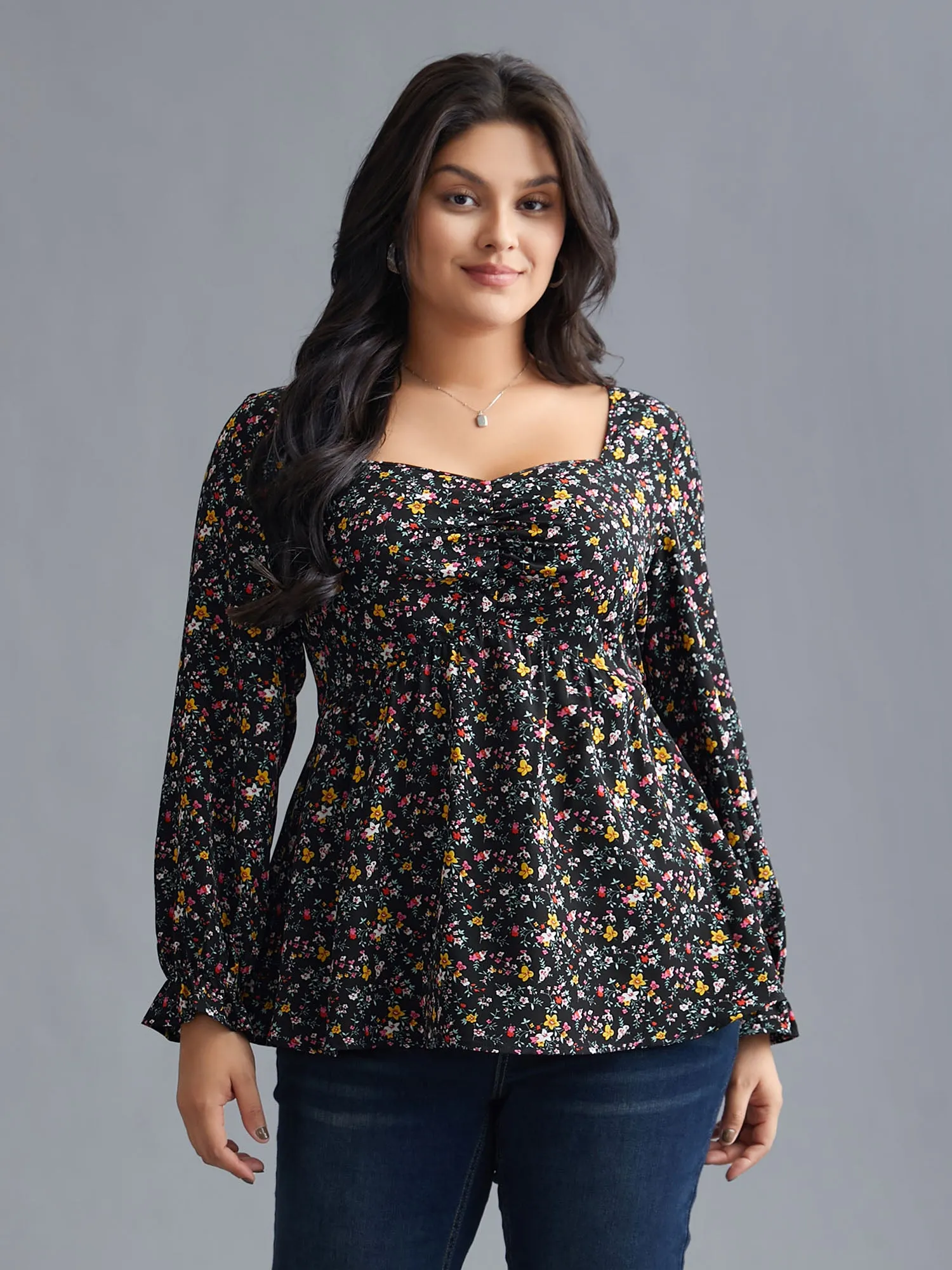 Ditsy Floral Heart Neckline Gathered Blouse sold by Bloomchic product image thumbnail 3
