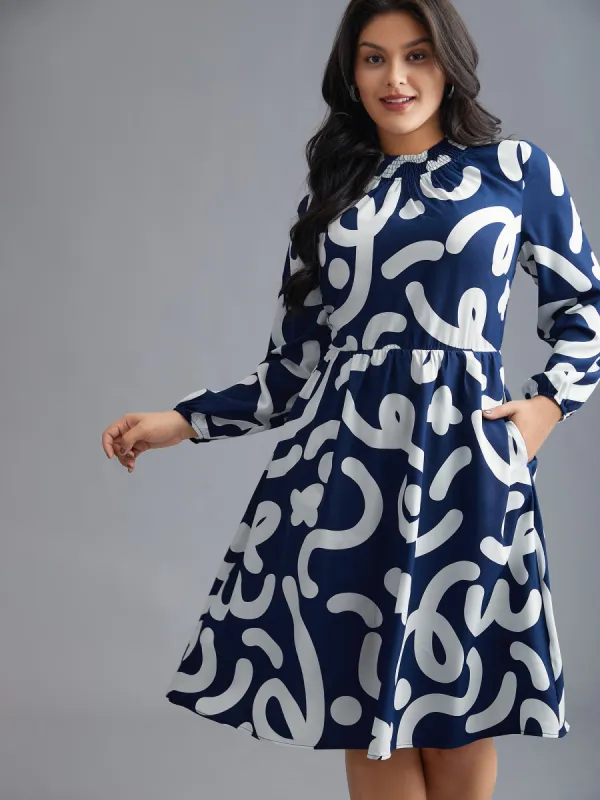 Geometric Print Shirred Pocket Dress sold by Bloomchic