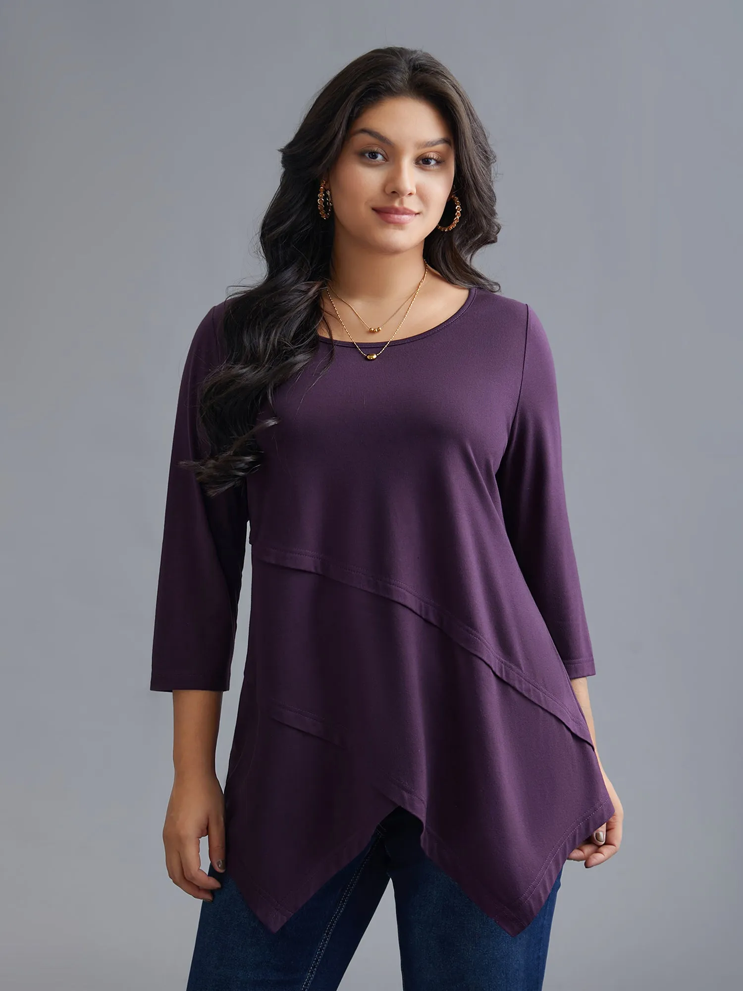 Asymmetrical Hem Overlap Long T-shirt sold by Bloomchic