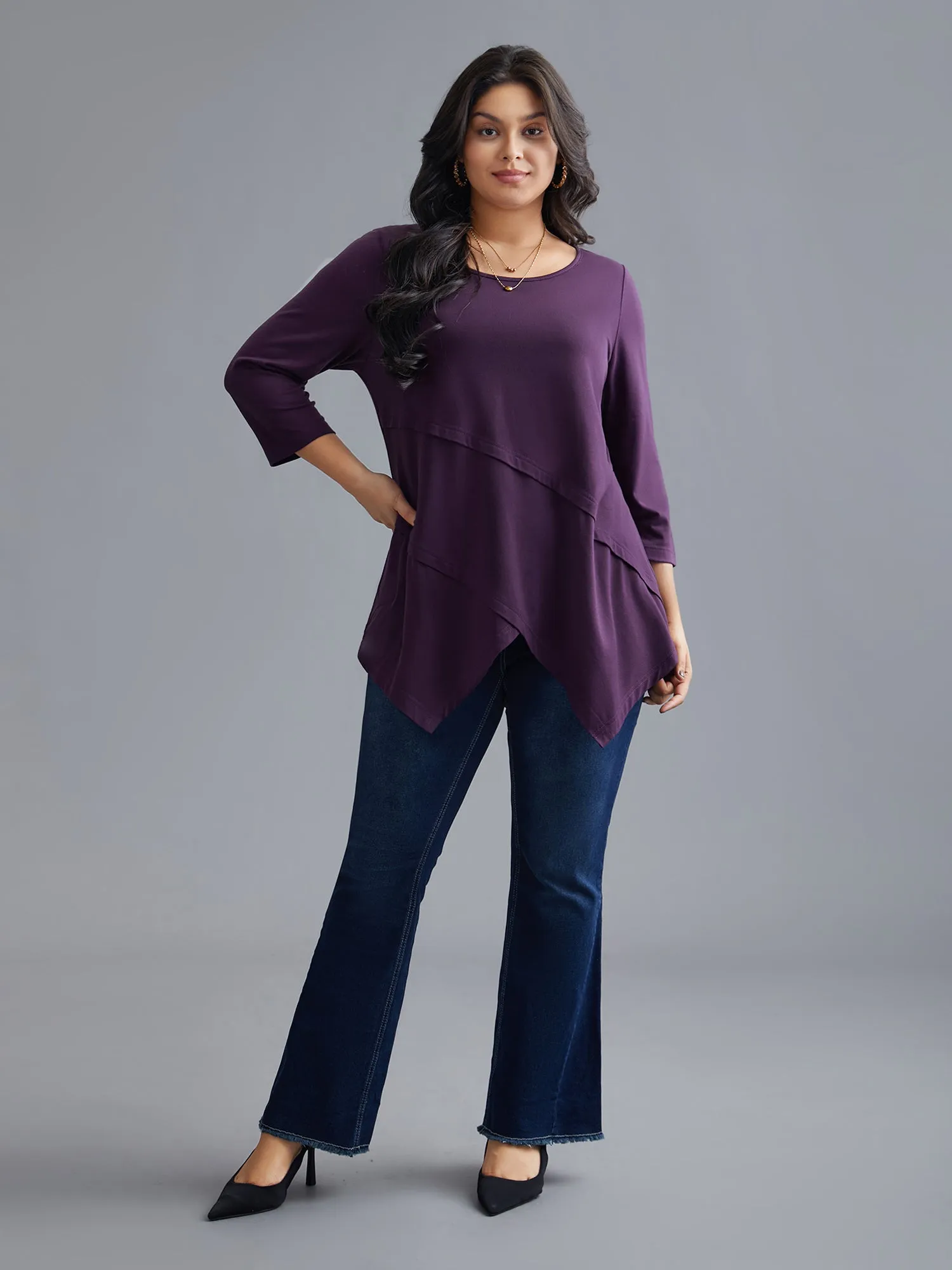 Asymmetrical Hem Overlap Long T-shirt sold by Bloomchic product image thumbnail 3