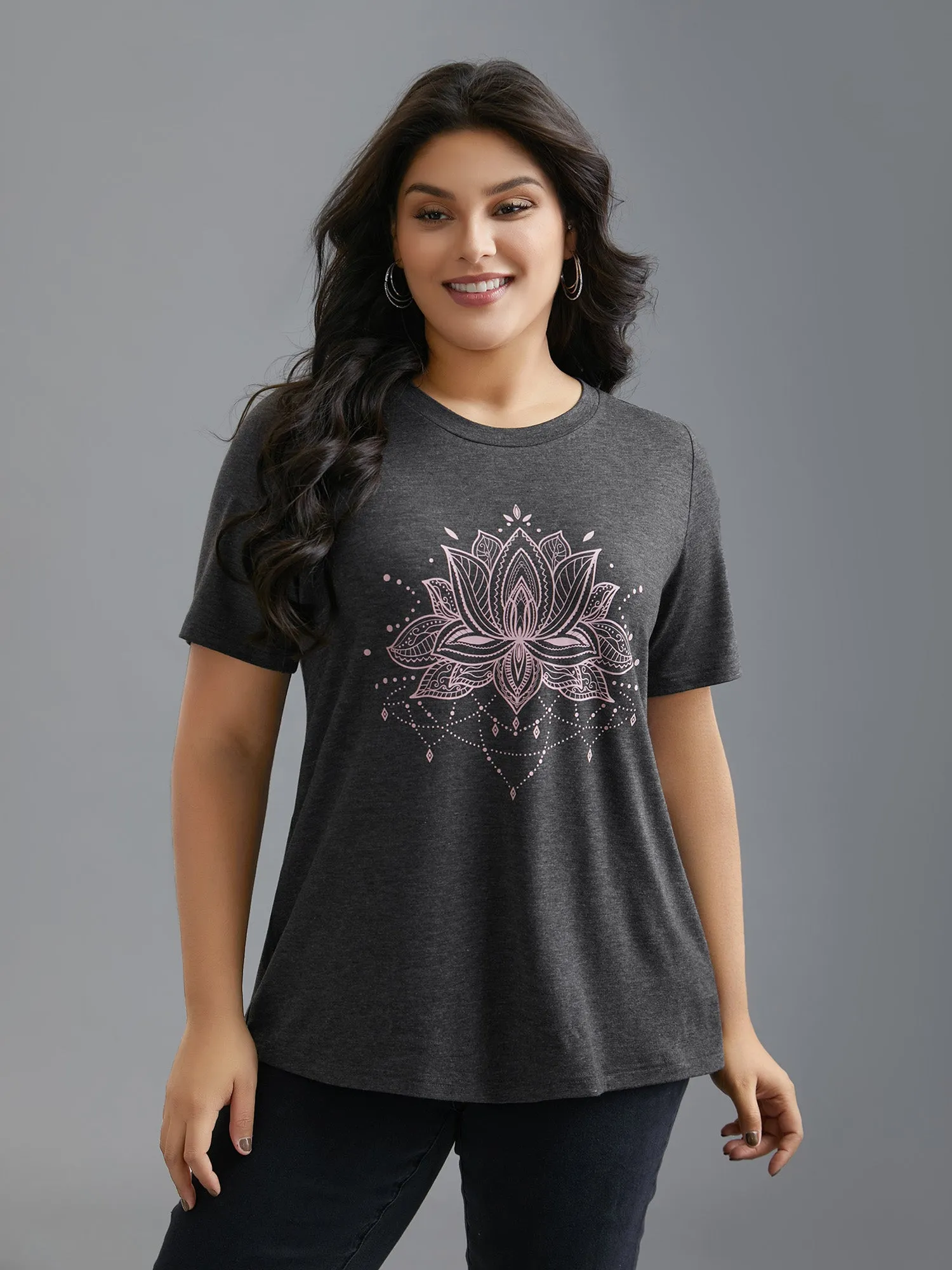 Floral Printed Round Neck Stretchy T-shirt sold by Bloomchic