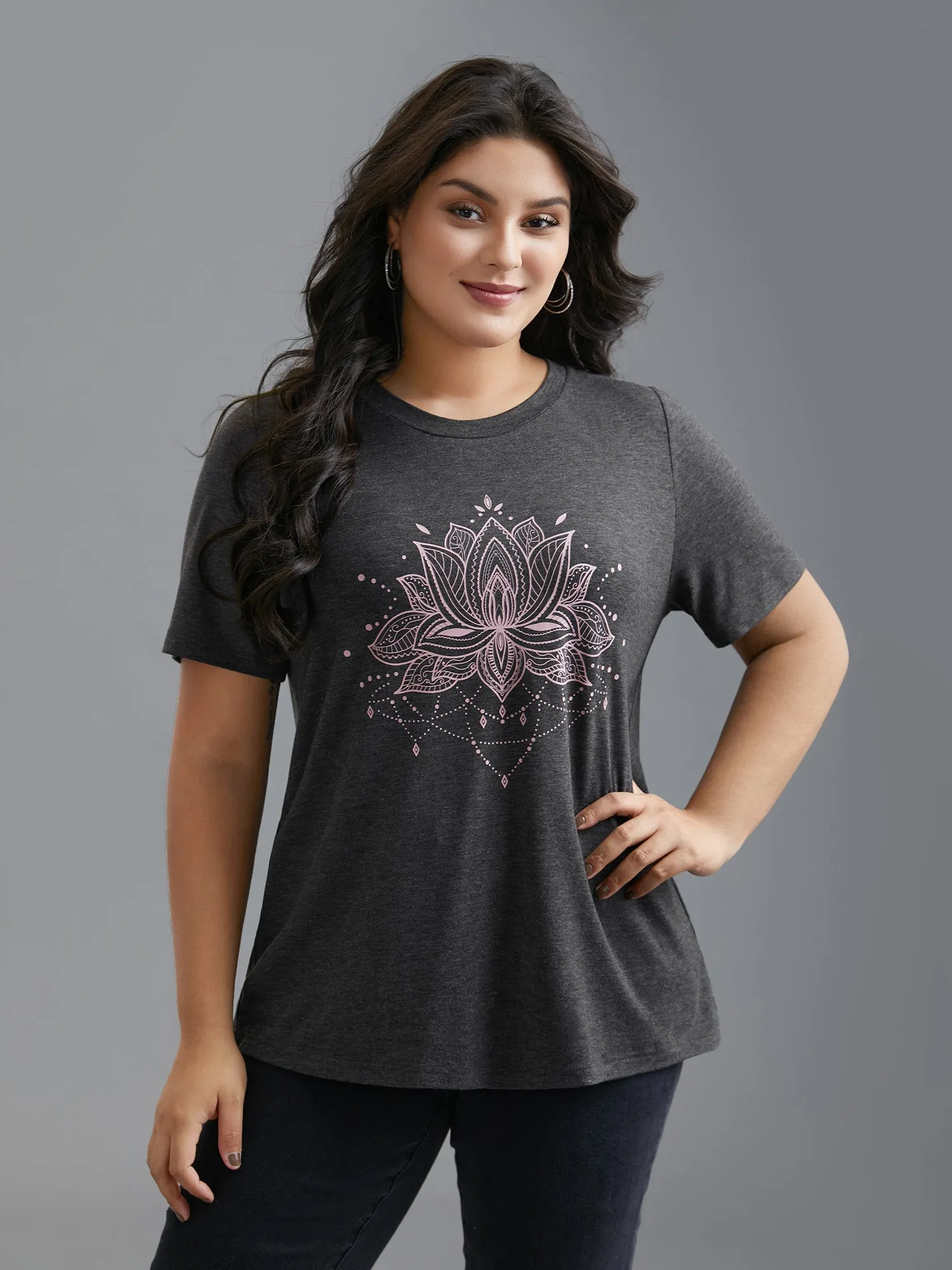 Floral Printed Round Neck Stretchy T-shirt sold by Bloomchic product image thumbnail 3