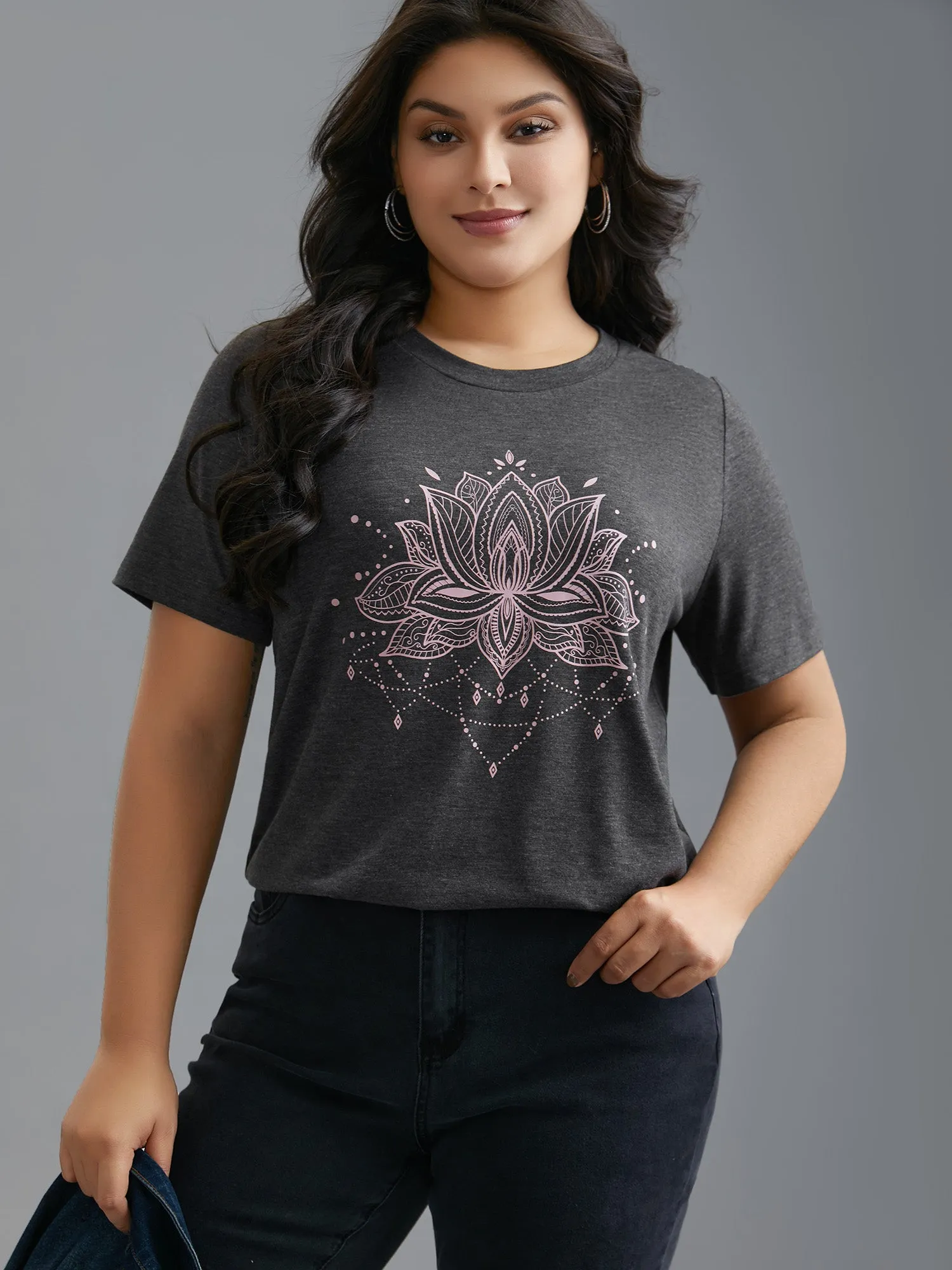 Floral Printed Round Neck Stretchy T-shirt sold by Bloomchic product image thumbnail 4