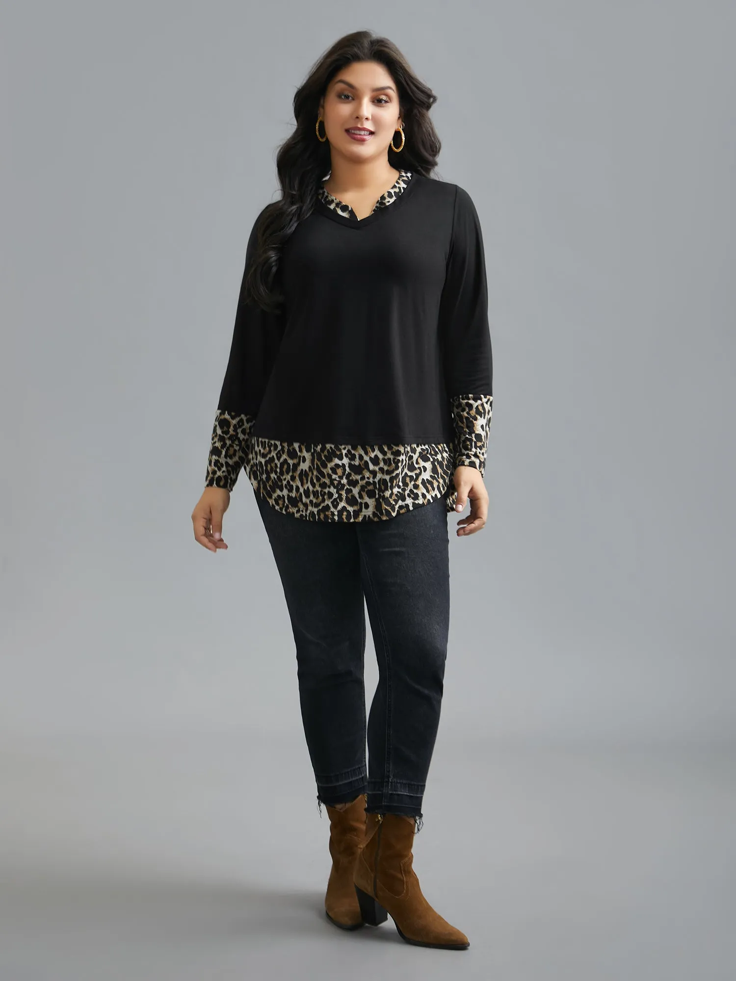 Contrast Patchwork Leopard Stretchy T-shirt sold by Bloomchic product image thumbnail 4