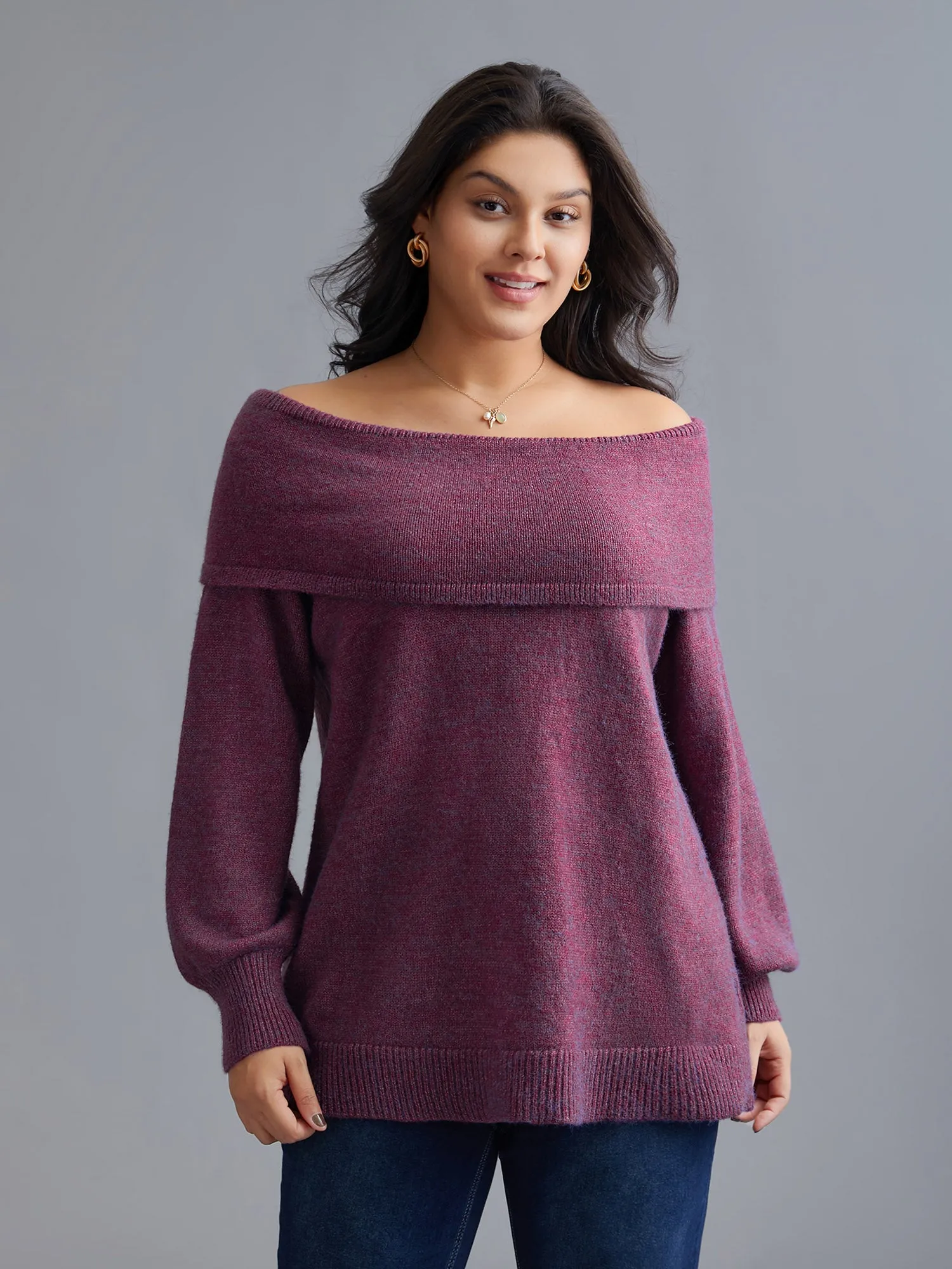 Off-Shoulder Textured Long Sleeve Pullover sold by Bloomchic