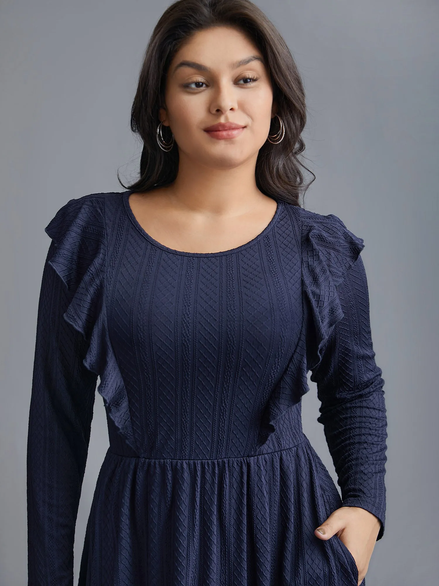 Plain Crew Neck Ruffle Trim Plisse Dress sold by Bloomchic product image thumbnail 2