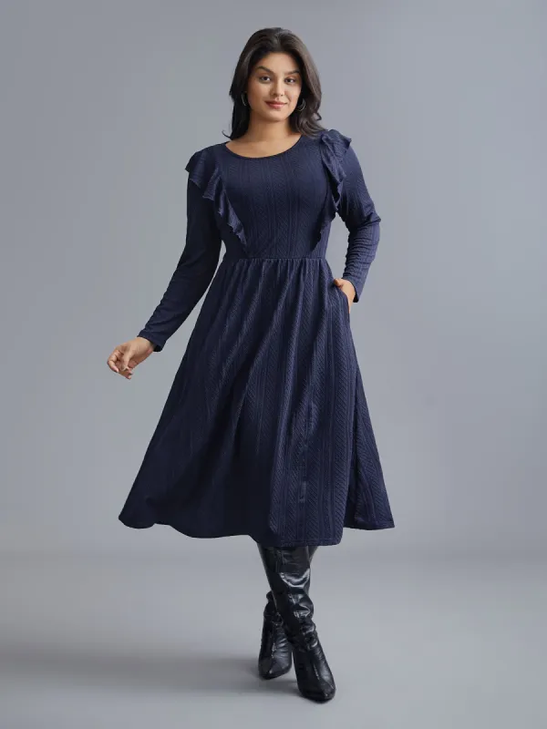 Plain Crew Neck Ruffle Trim Plisse Dress sold by Bloomchic