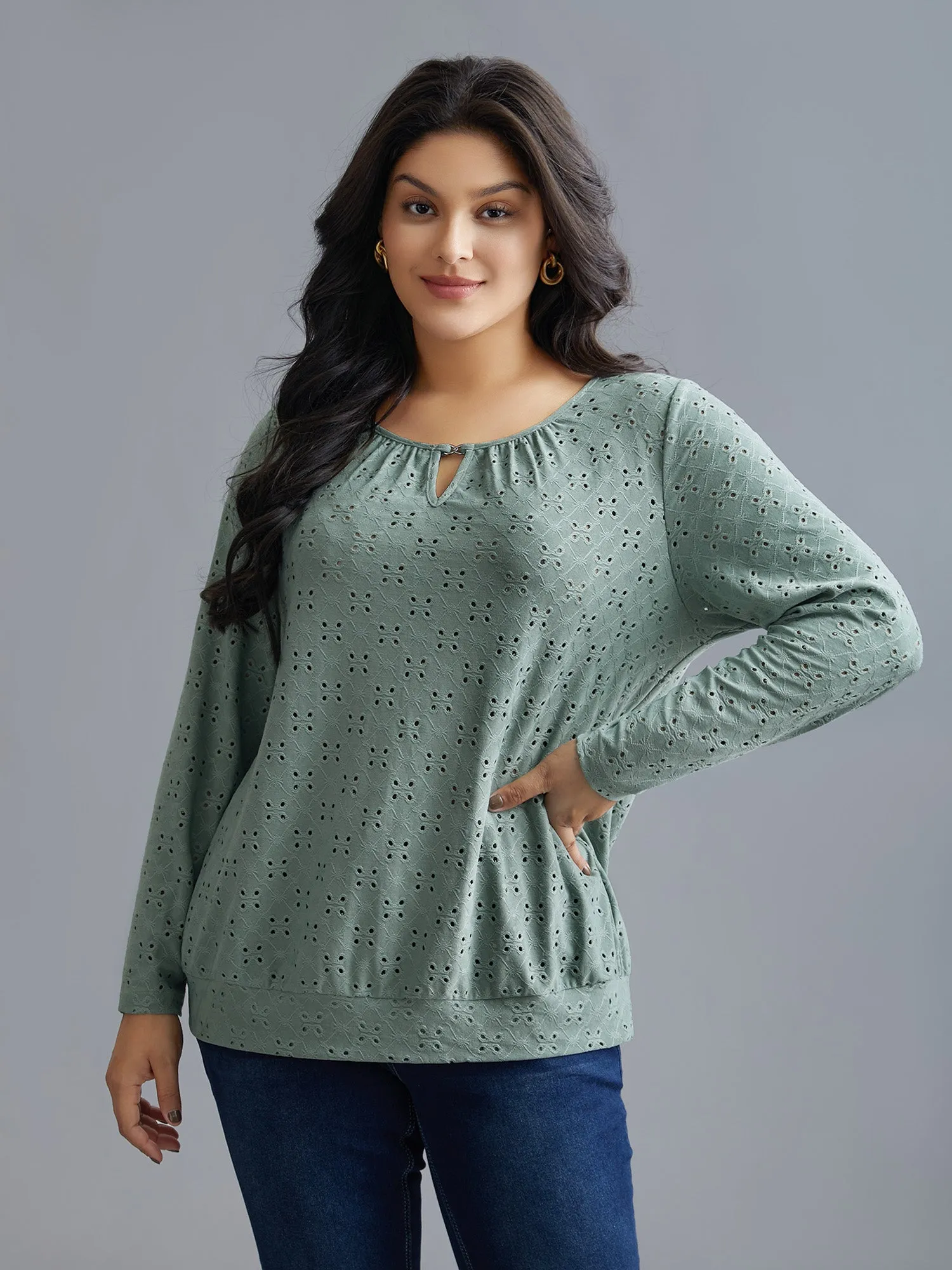 Plain Eyelet Jacquard Plisse T-Shirt sold by Bloomchic