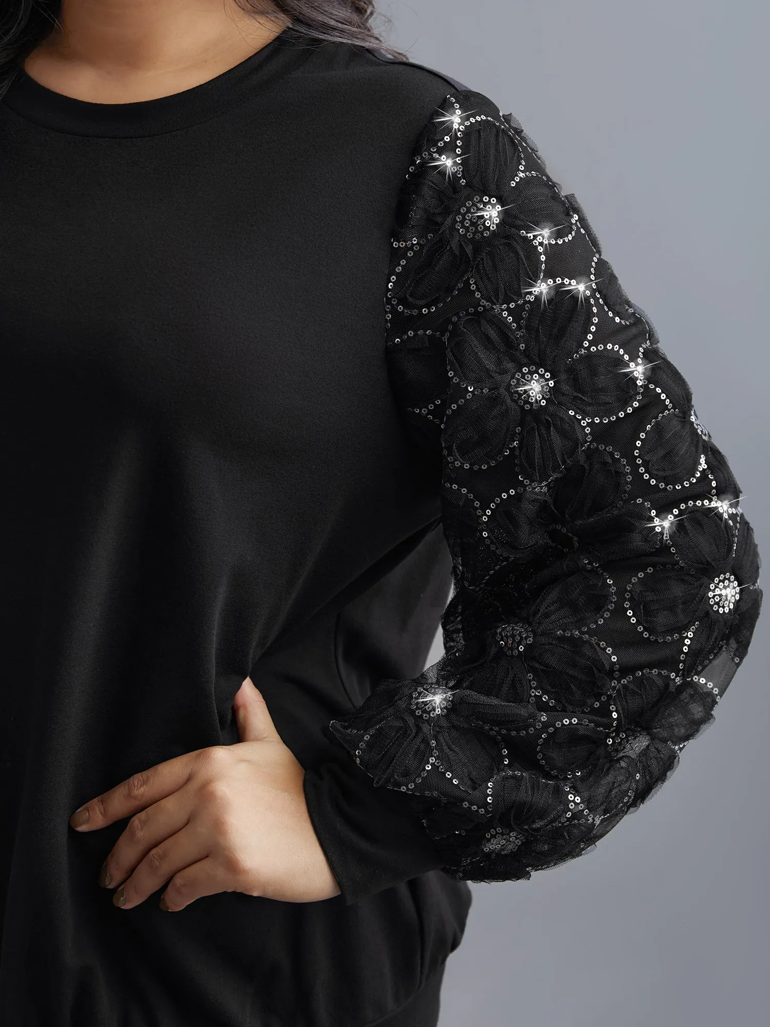 Floral Sequin Mesh Patchwork Sweatshirt sold by Bloomchic product image thumbnail 5