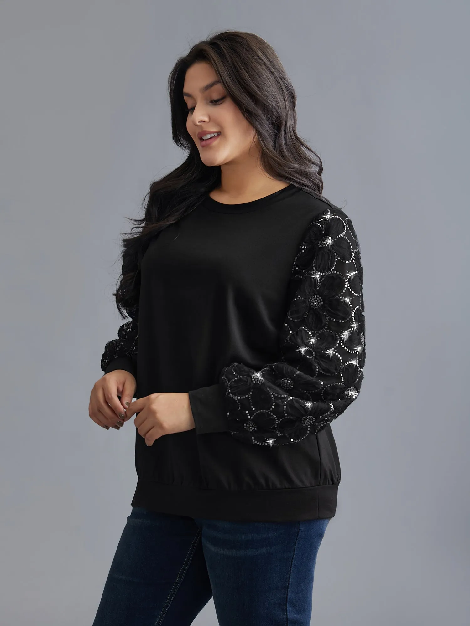 Floral Sequin Mesh Patchwork Sweatshirt sold by Bloomchic product image thumbnail 3