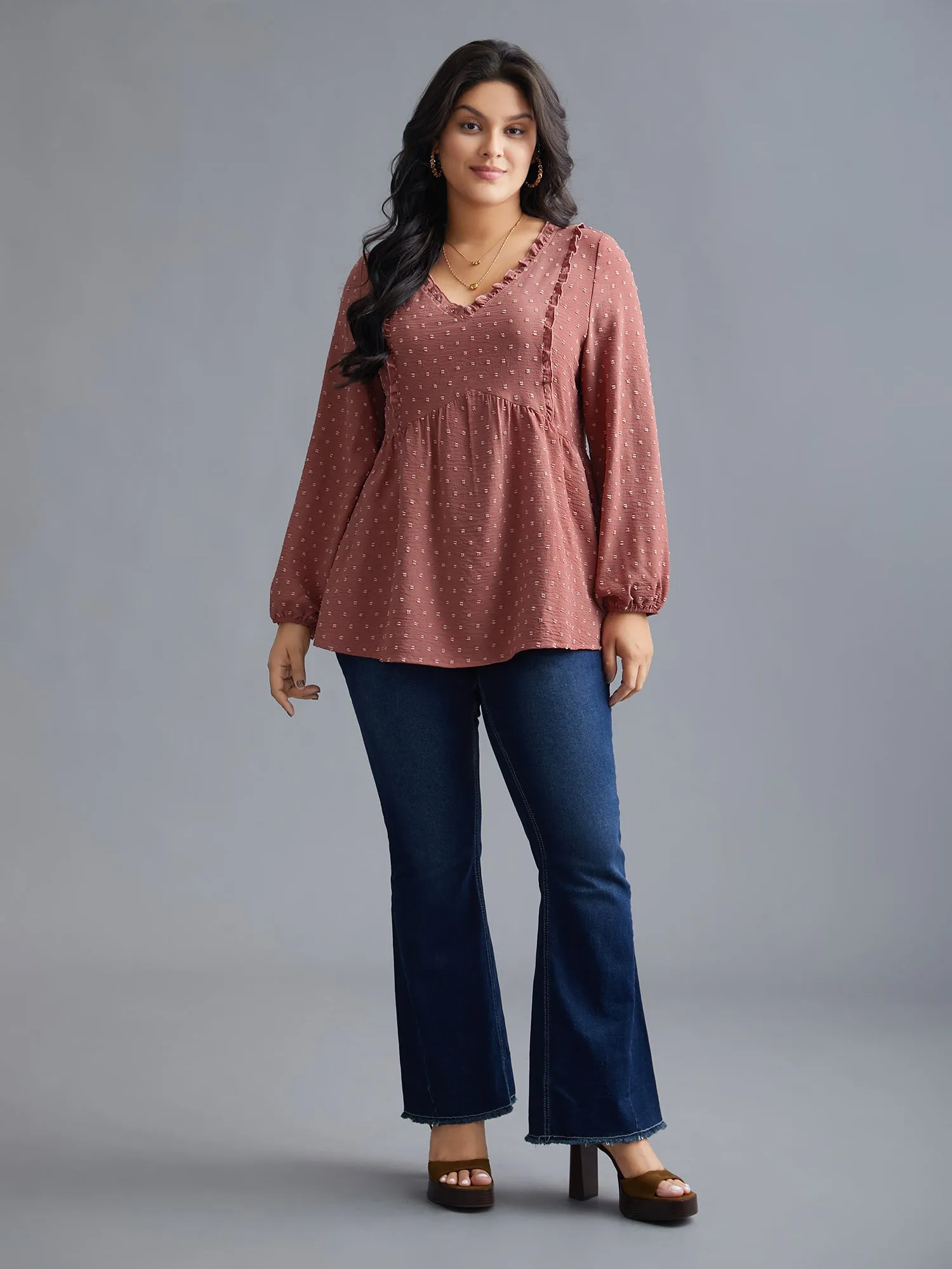 V Neck Ruffle Trim Elastic Cuffs Blouse sold by Bloomchic product image thumbnail 2