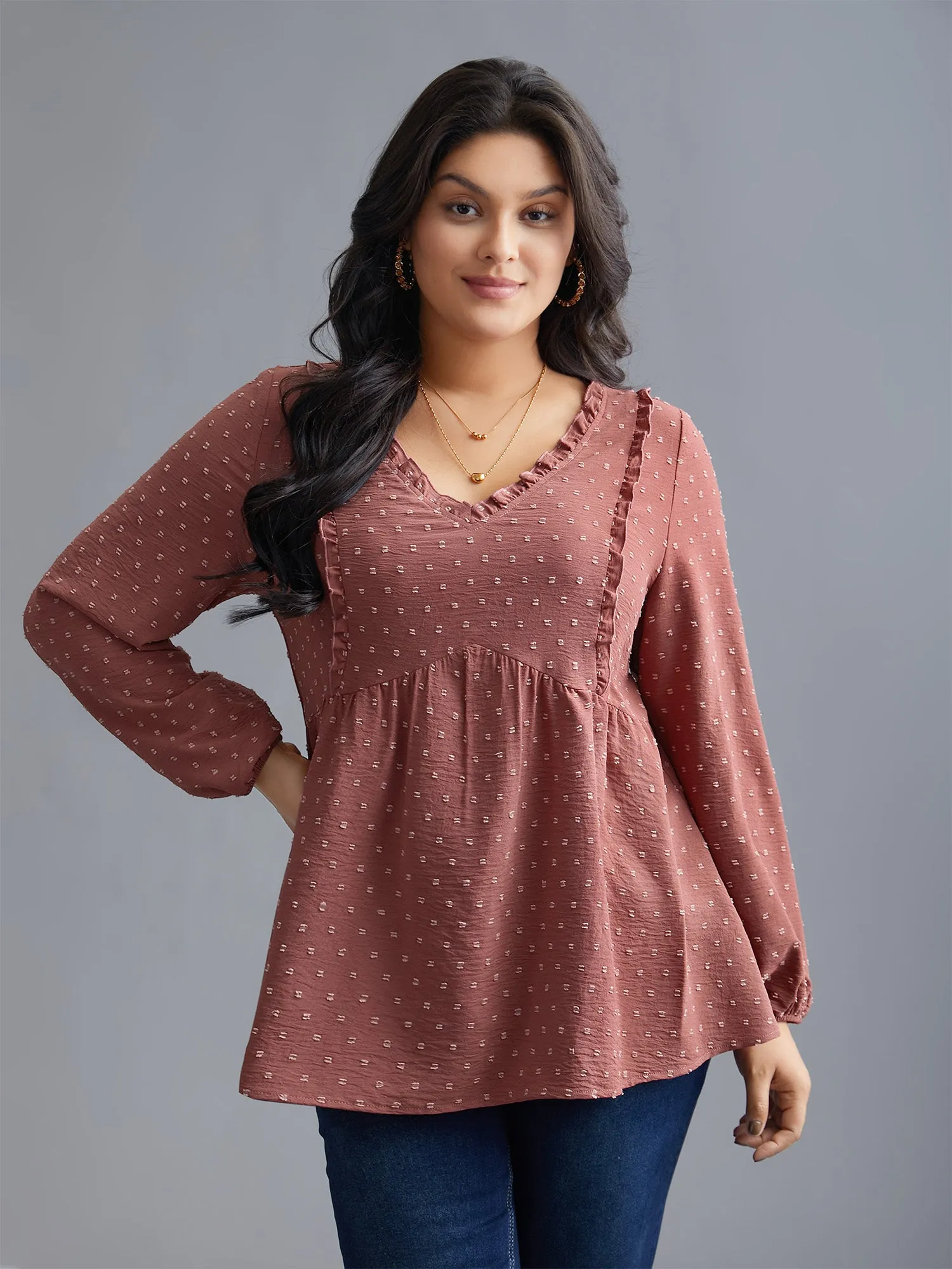 V Neck Ruffle Trim Elastic Cuffs Blouse sold by Bloomchic