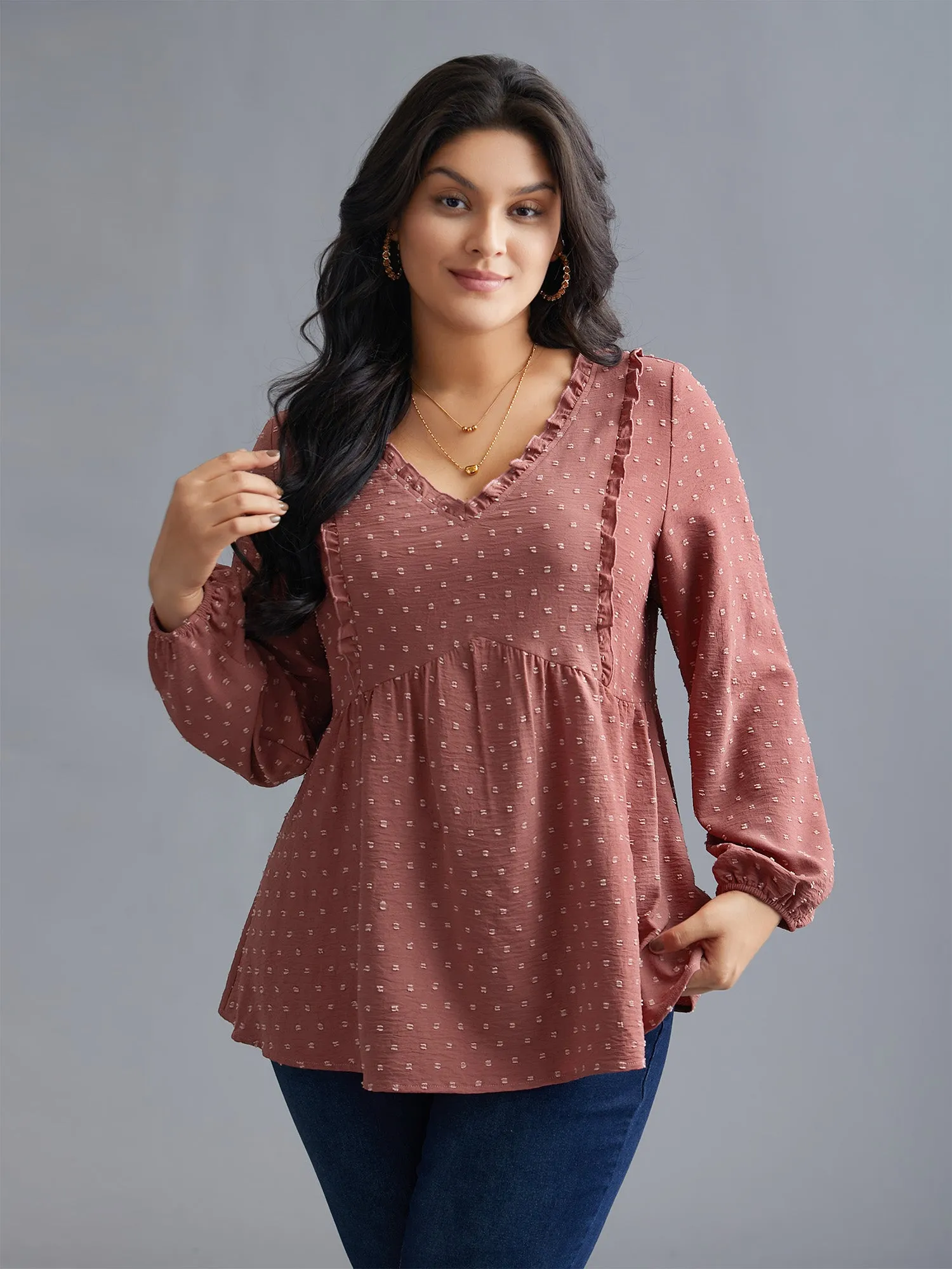 V Neck Ruffle Trim Elastic Cuffs Blouse sold by Bloomchic product image thumbnail 3