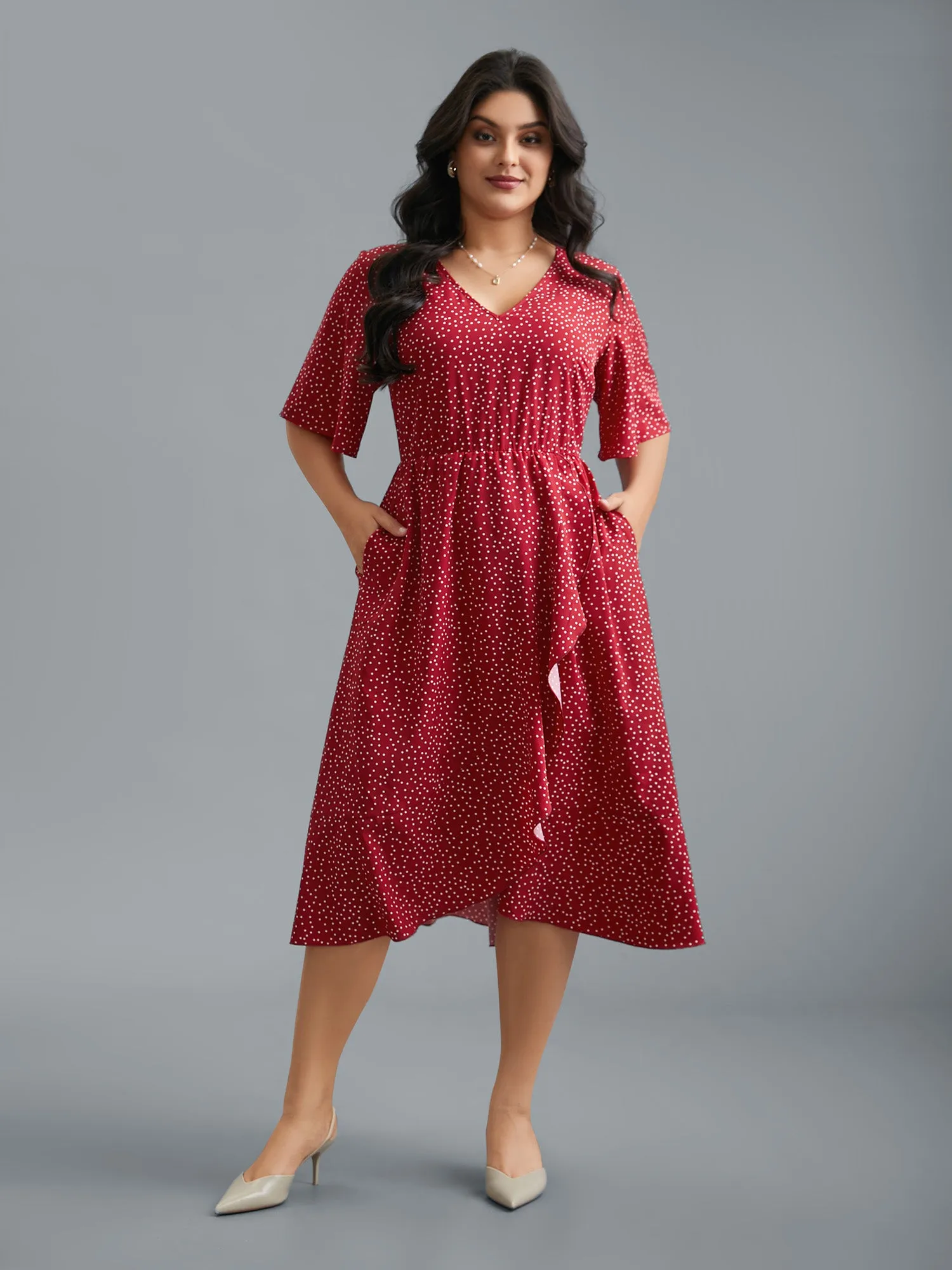 V Neck Polka Dot Ruffle Trim Dress sold by Bloomchic product image thumbnail 4