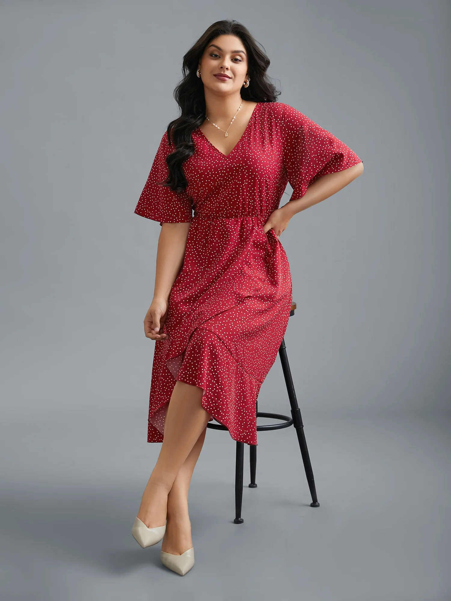 V Neck Polka Dot Ruffle Trim Dress sold by Bloomchic product image thumbnail 3