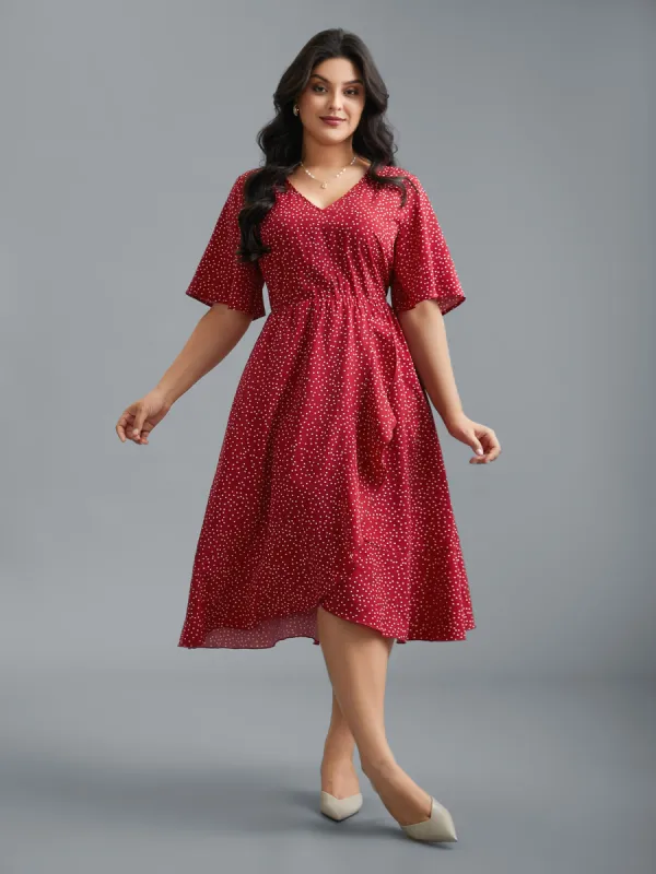 V Neck Polka Dot Ruffle Trim Dress sold by Bloomchic