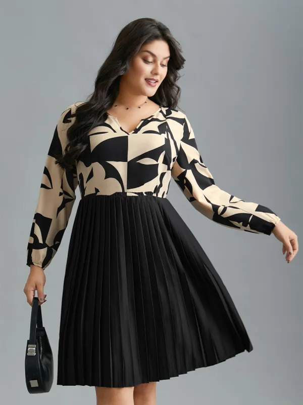 Notched Geometric Print Pleated Dress sold by Bloomchic