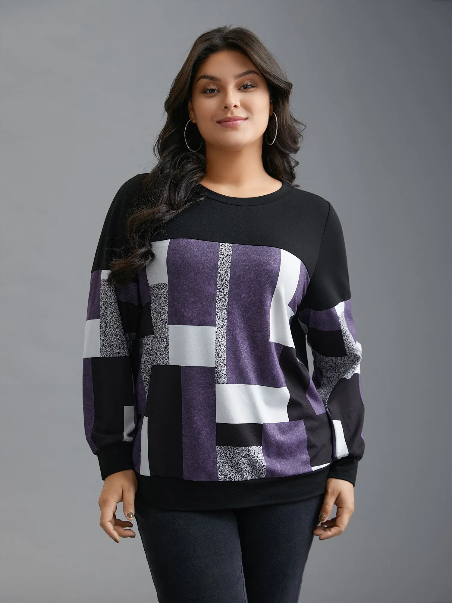 Crew Neck Geometric Patchwork Sweatshirt sold by Bloomchic