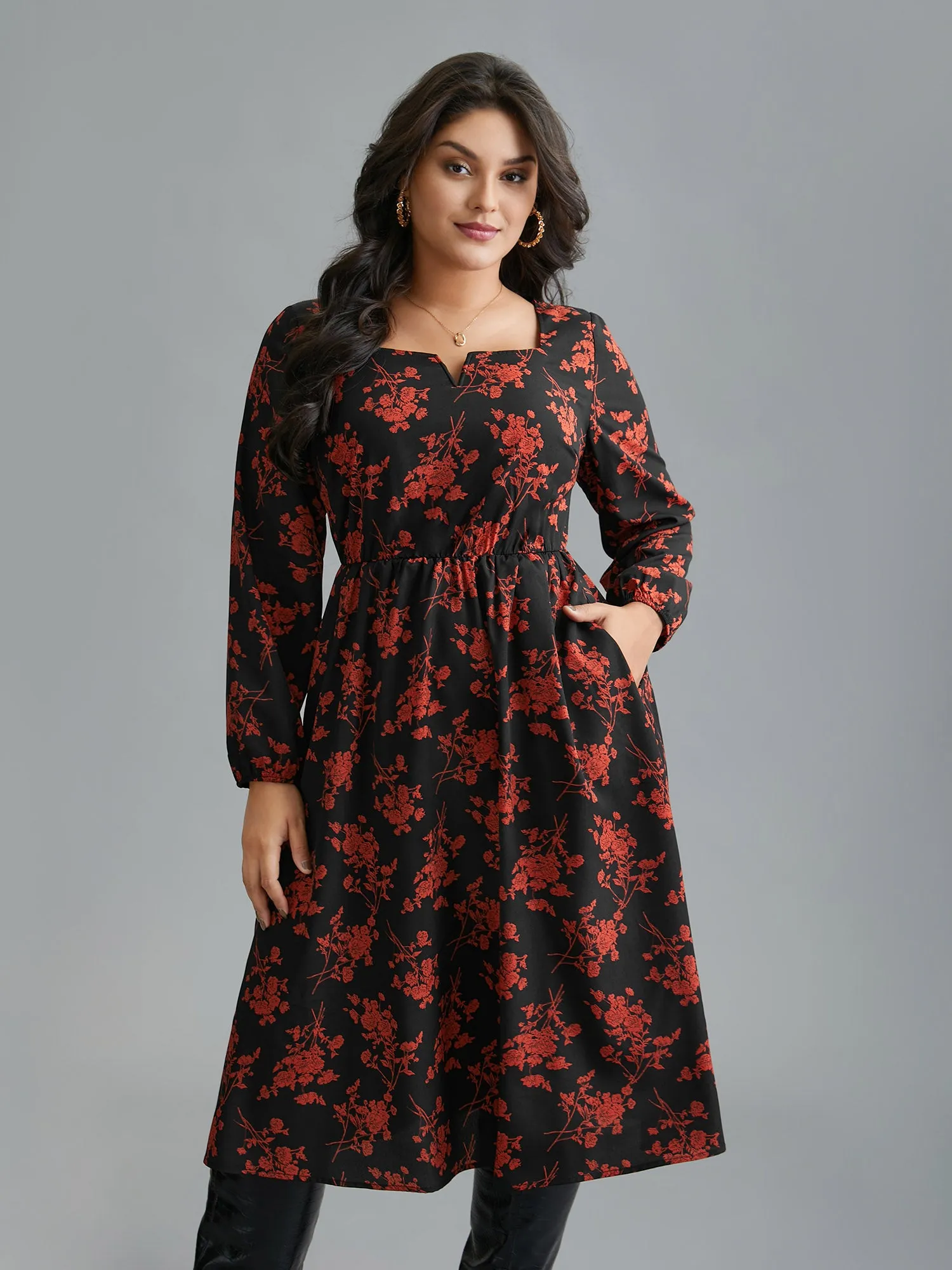 Silhouette Floral Print Notched Dress sold by Bloomchic