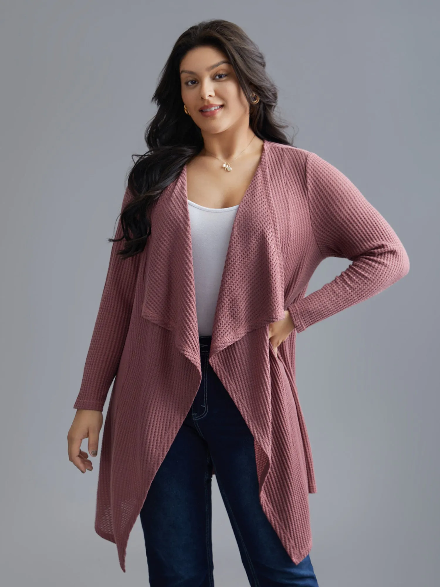 Lapel Collar Waffle Grid Open-Front Jacket sold by Bloomchic product image thumbnail 4