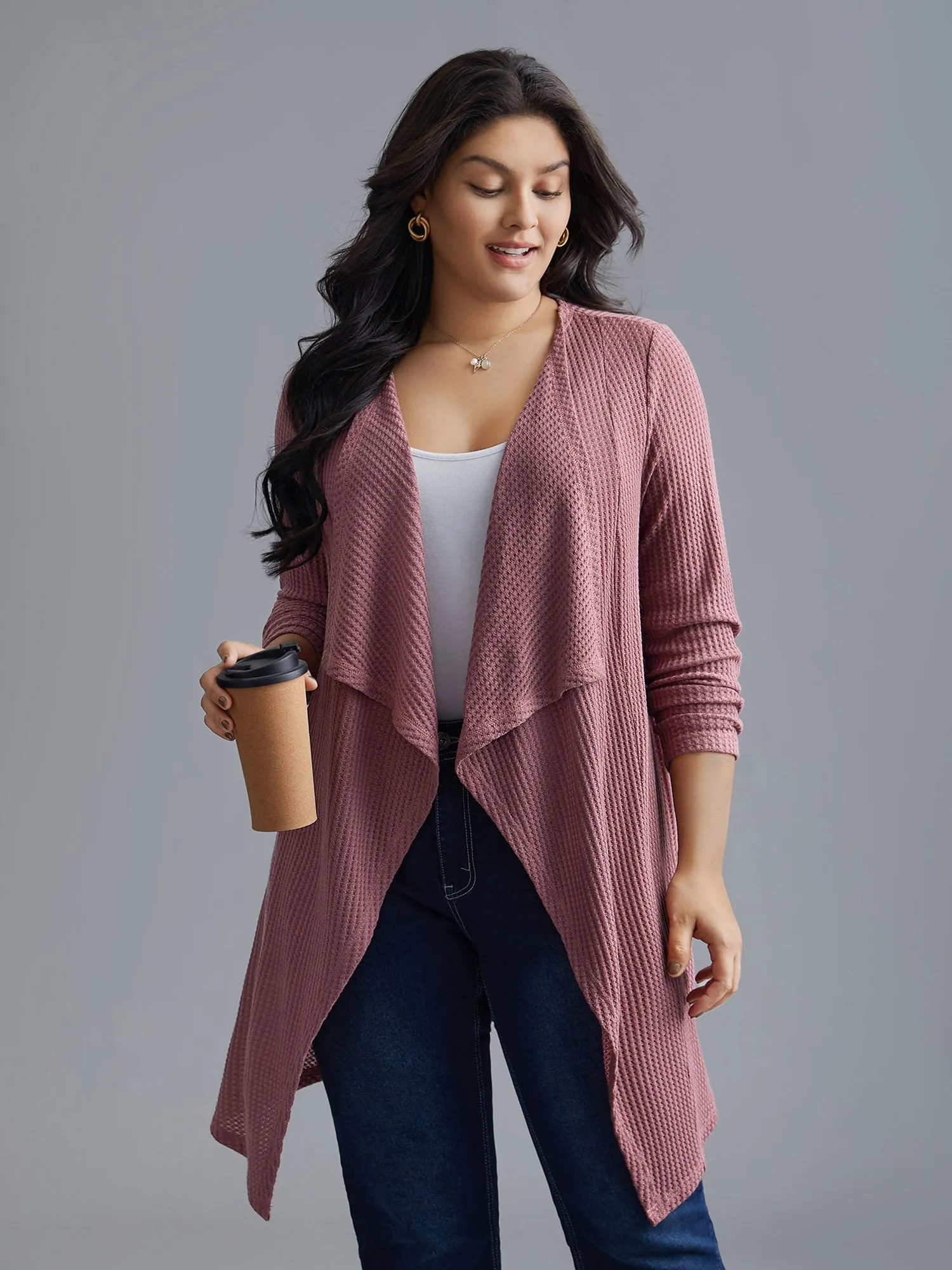 Lapel Collar Waffle Grid Open-Front Jacket sold by Bloomchic product image thumbnail 2