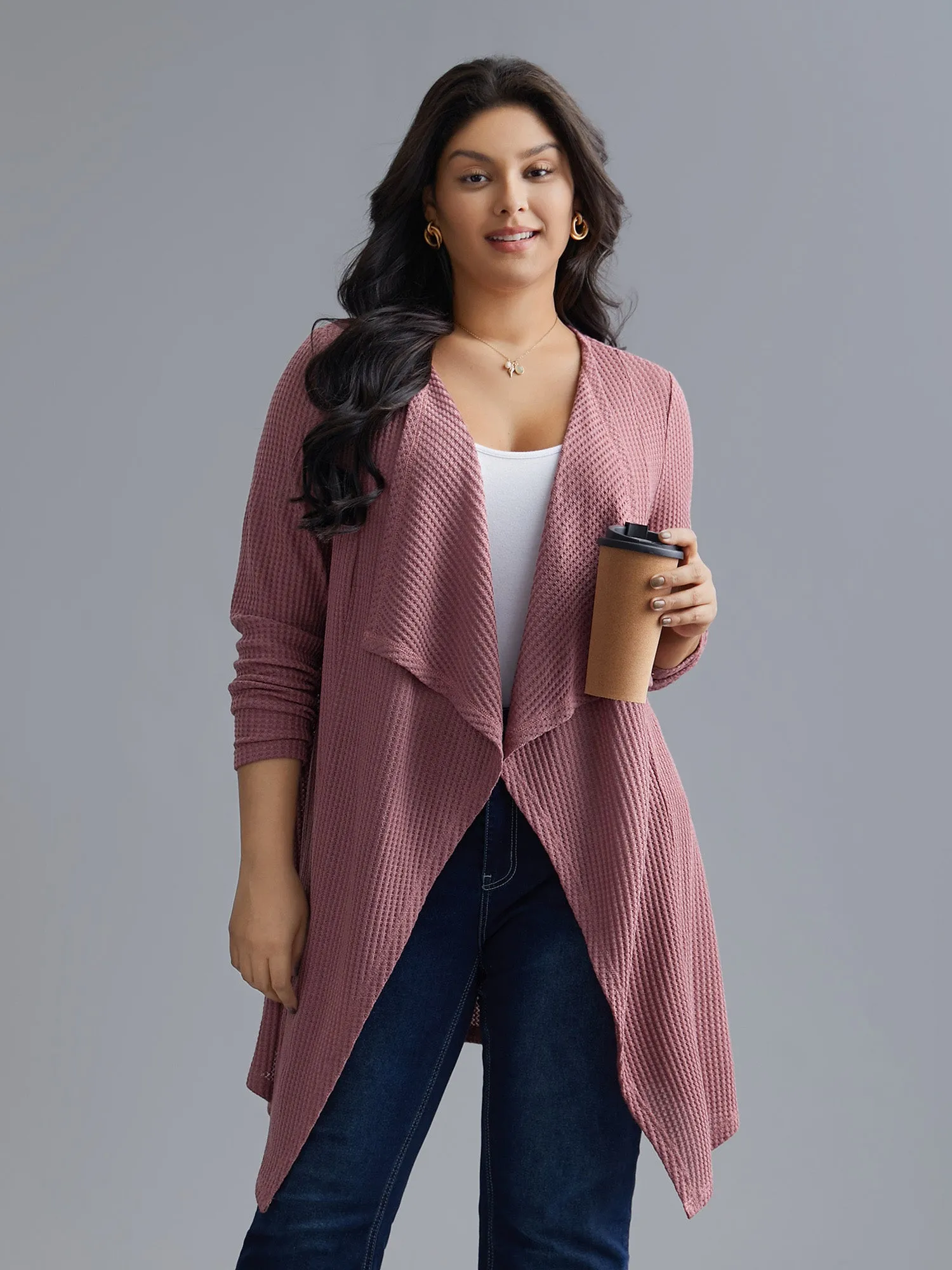 Lapel Collar Waffle Grid Open-Front Jacket sold by Bloomchic